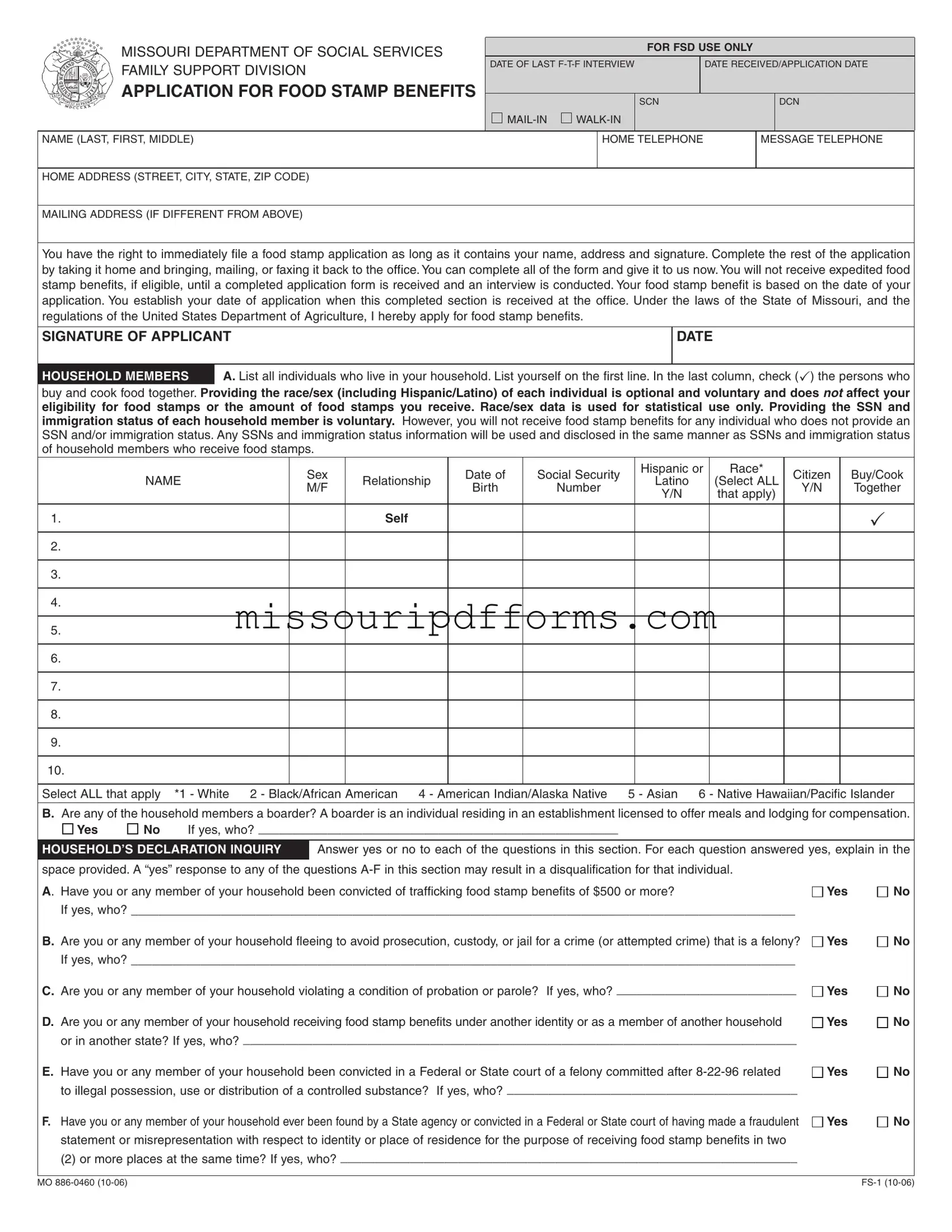 Free Food Stamps Missouri PDF Template