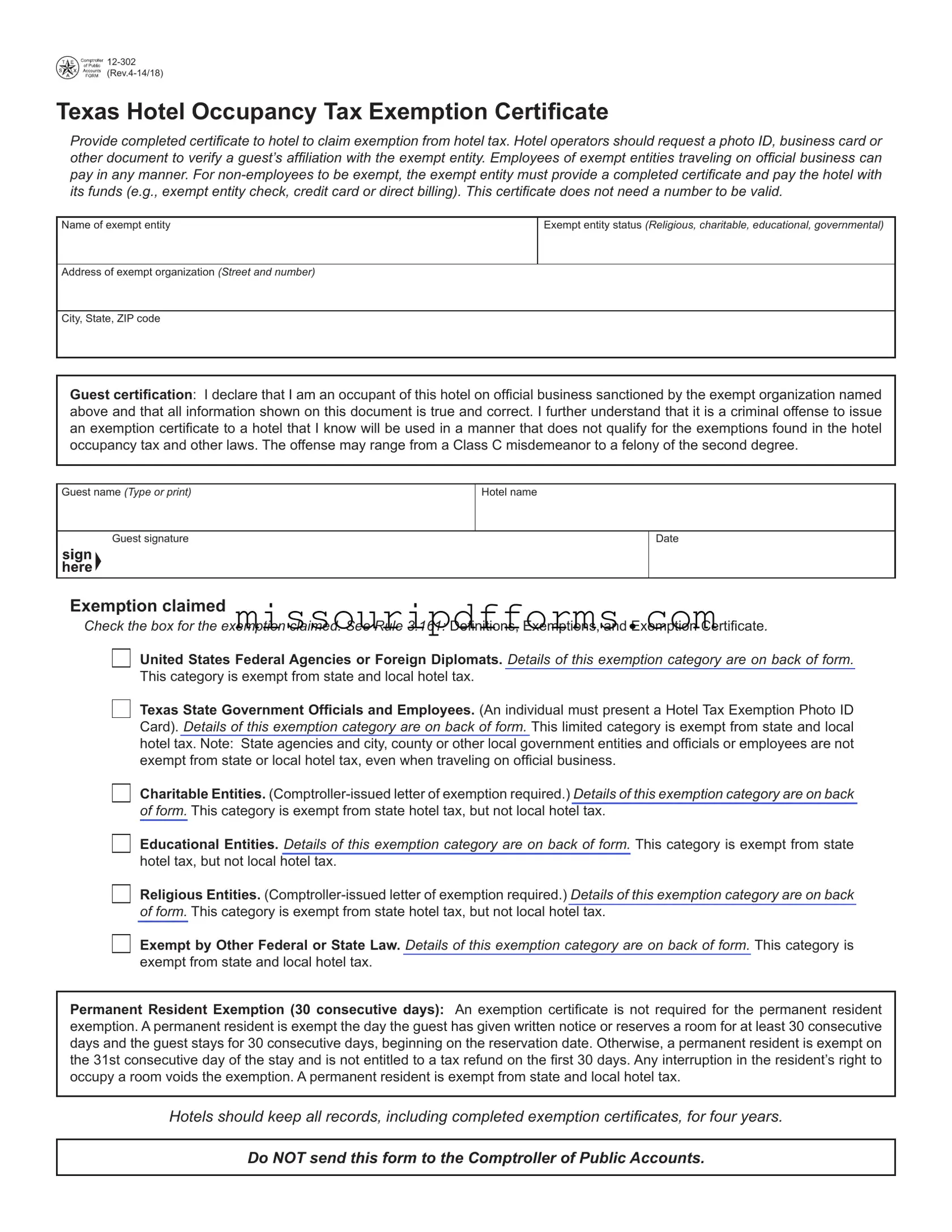 Free Hotel Tax Exemption Missouri PDF Template