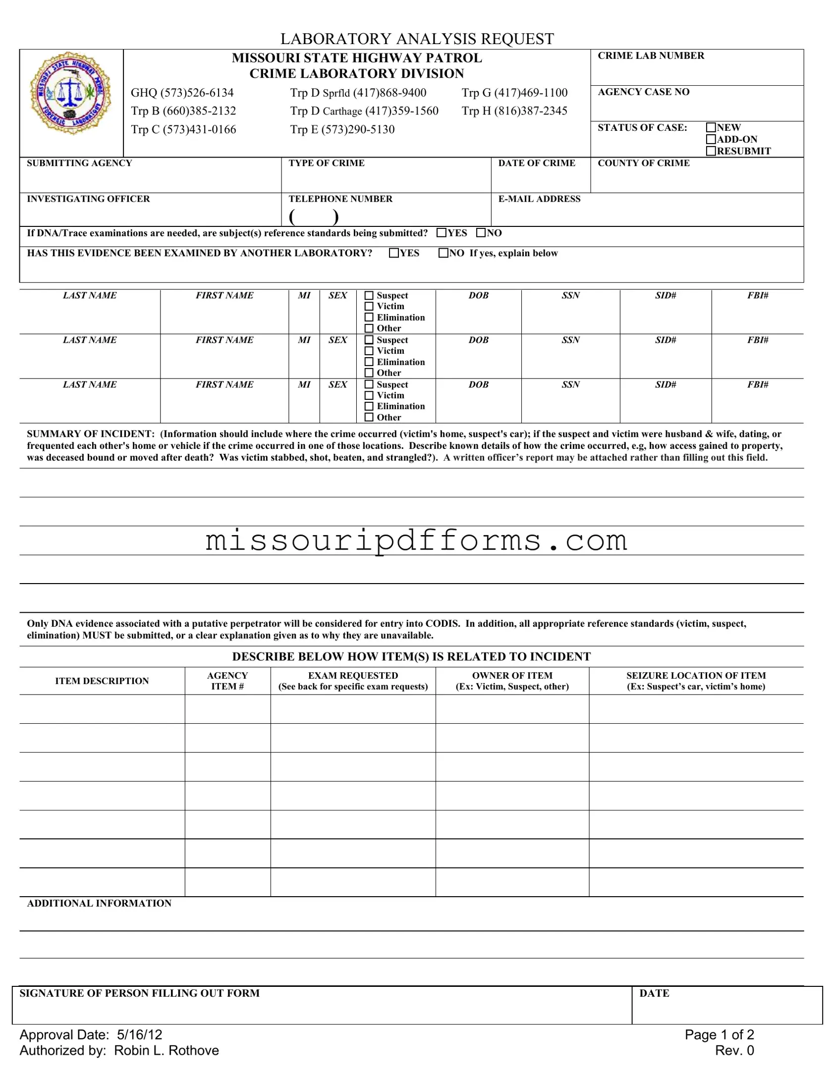 Free Laboratory Analysis Request Missouri PDF Template