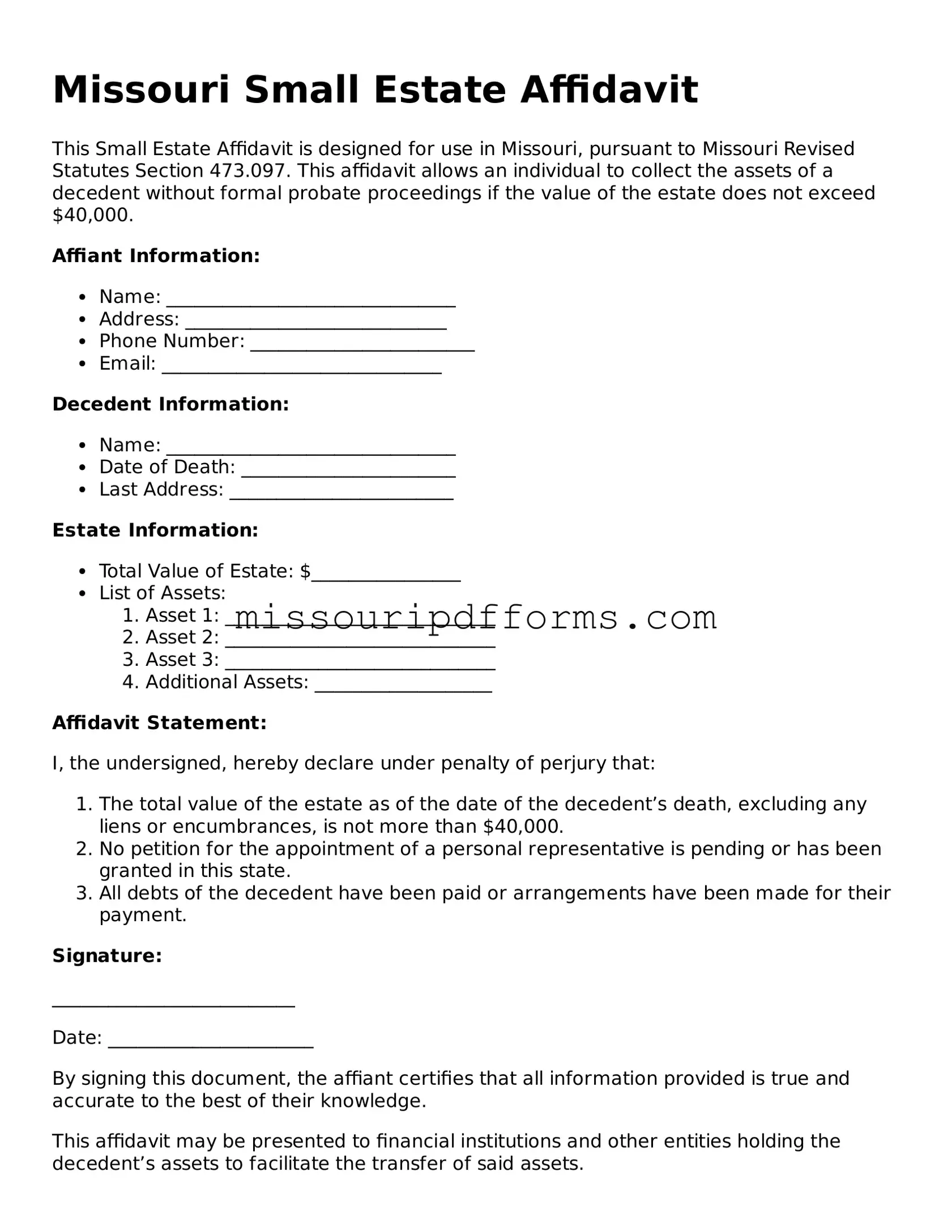 Valid Missouri Small Estate Affidavit Document
