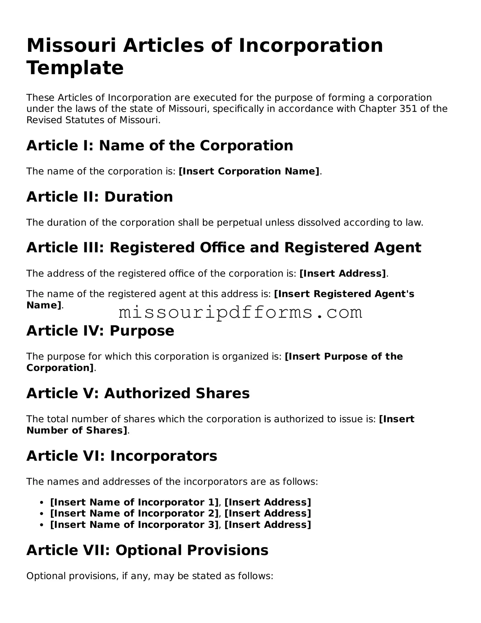 Valid Missouri Articles of Incorporation Document