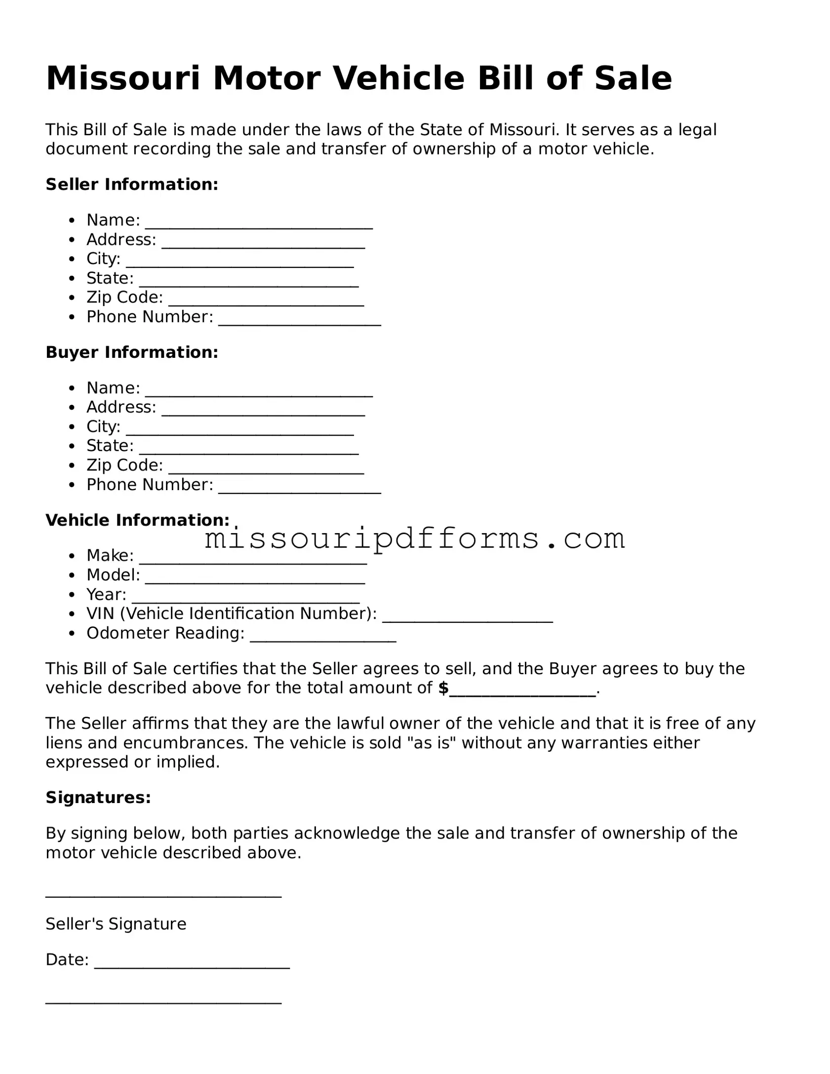 Valid Missouri Motor Vehicle Bill of Sale Document