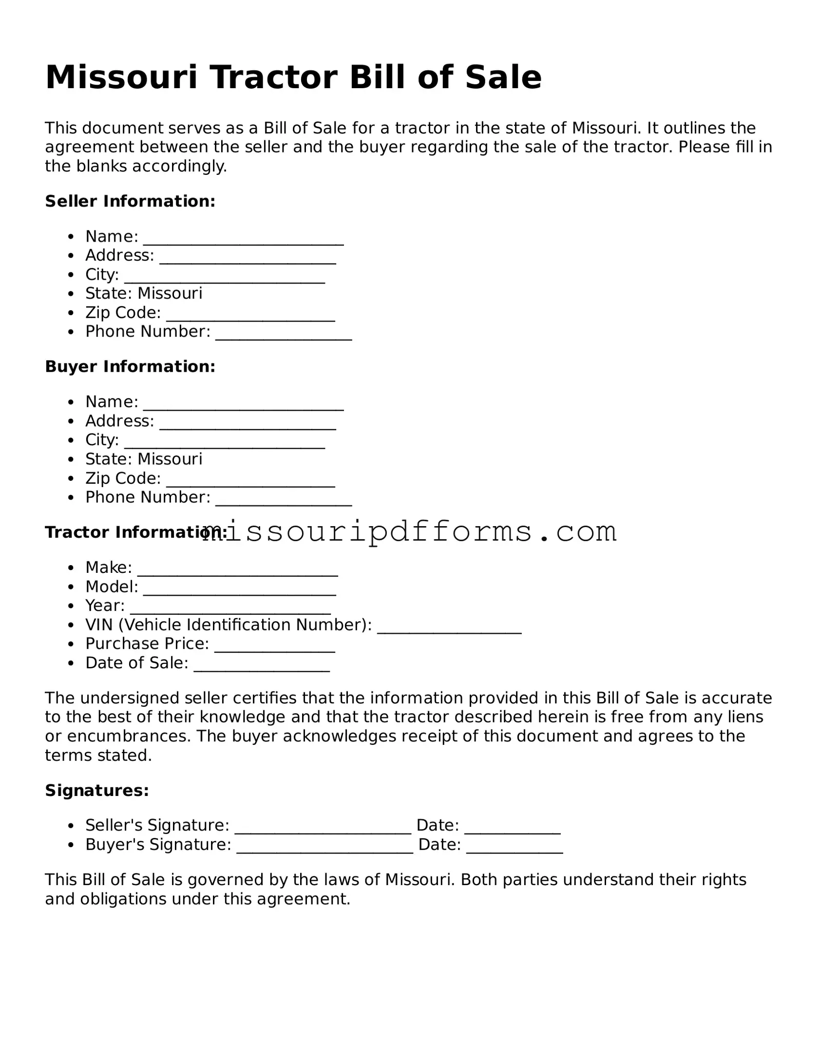 Valid Missouri Tractor Bill of Sale Document