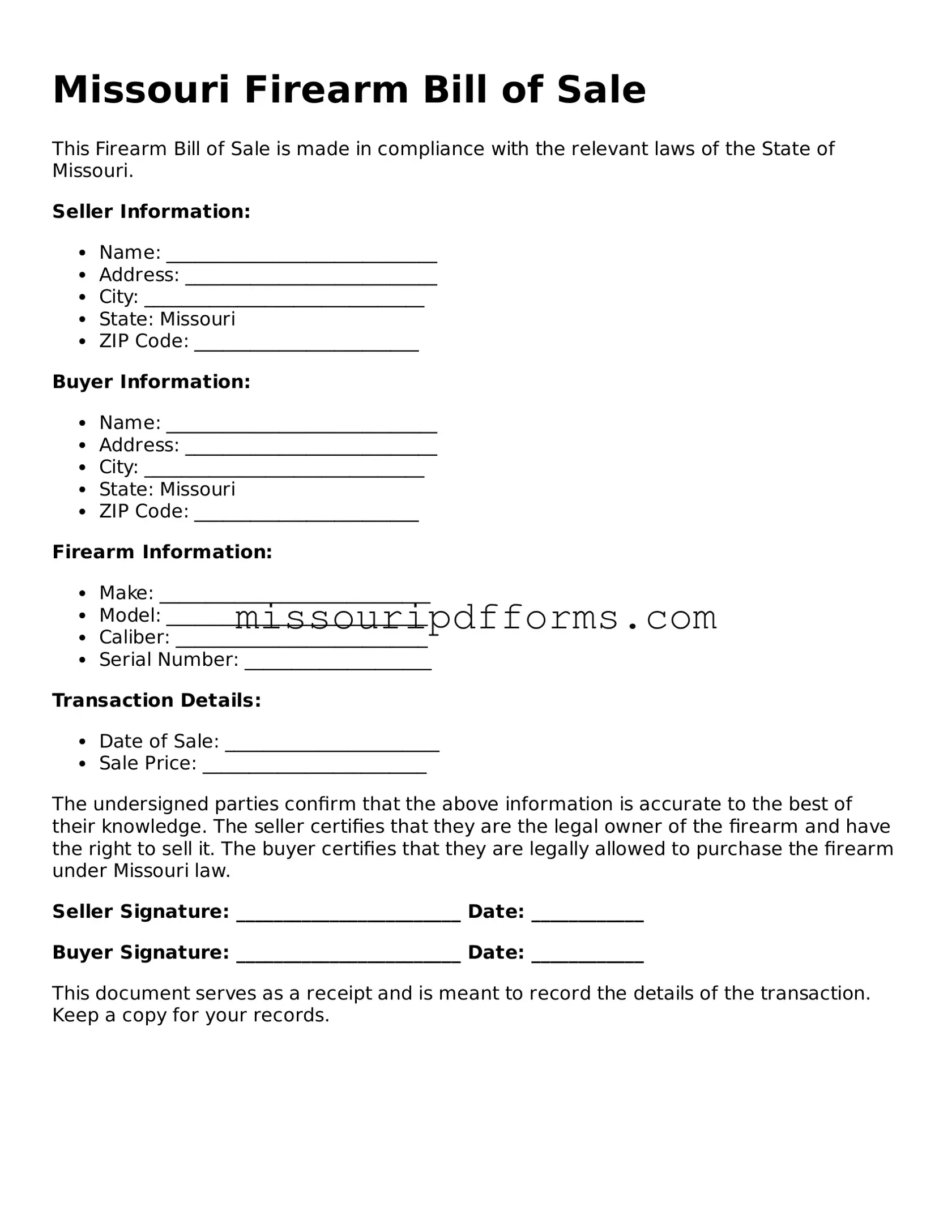 Valid Missouri Firearm Bill of Sale Document