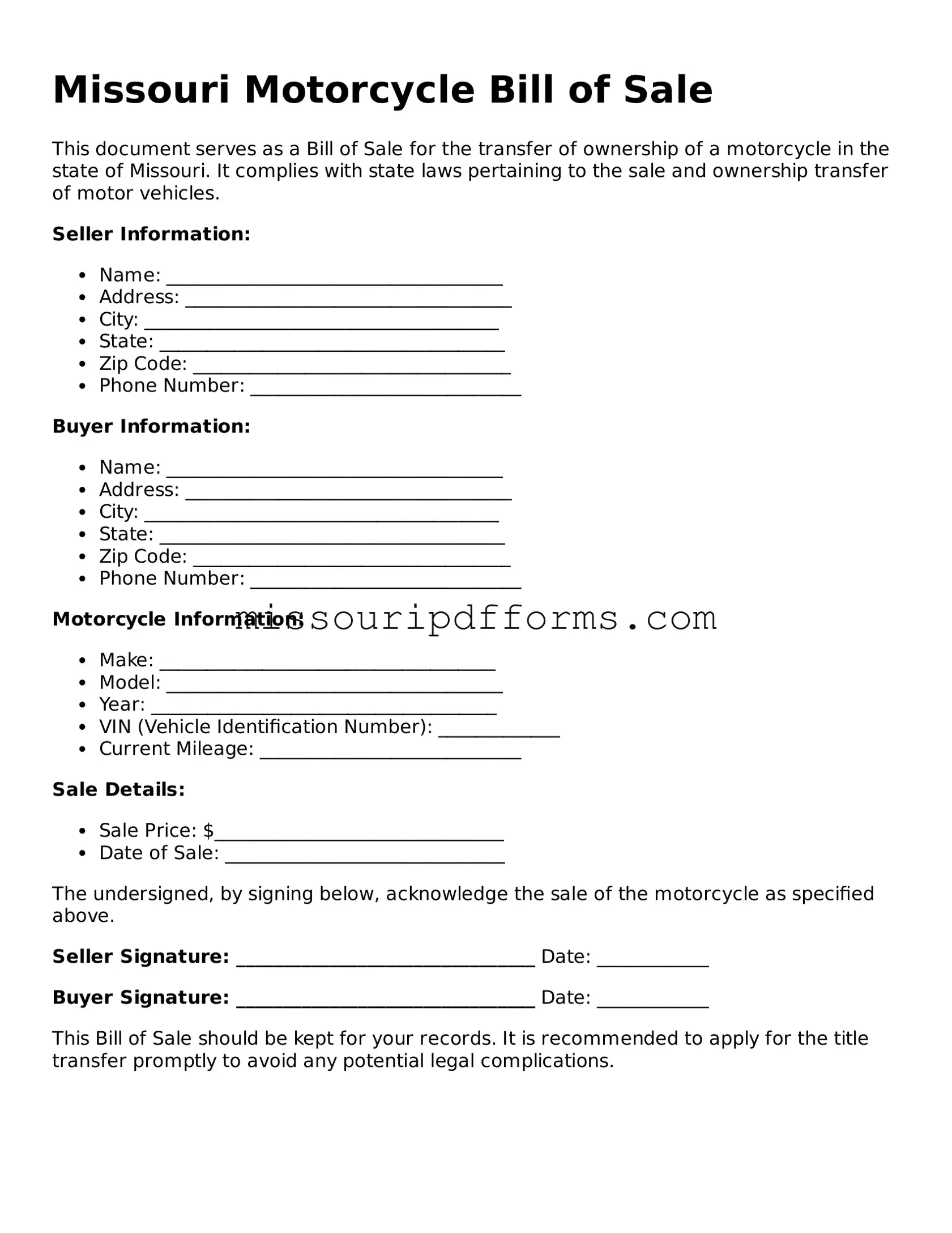 Valid Missouri Motorcycle Bill of Sale Document