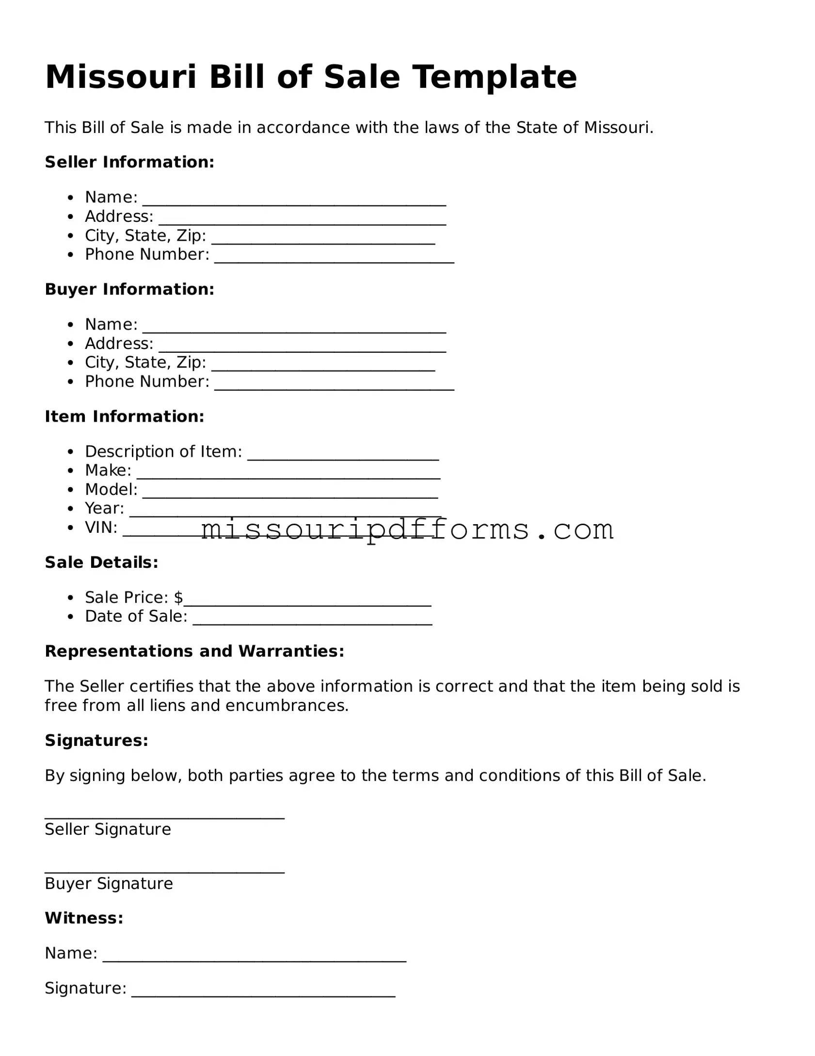 Valid Missouri Bill of Sale Document