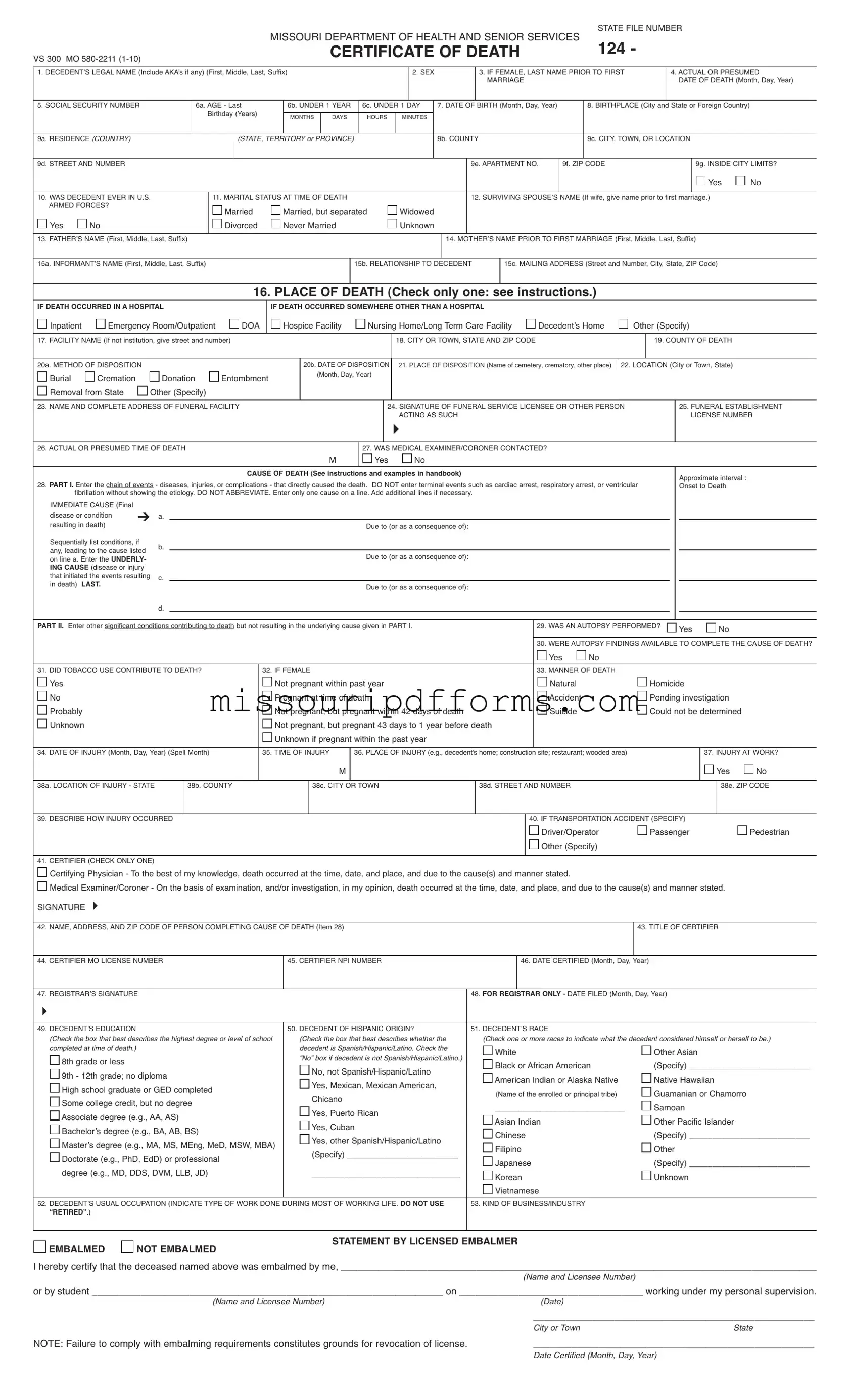 Free Missouri Certificate Of Death PDF Template