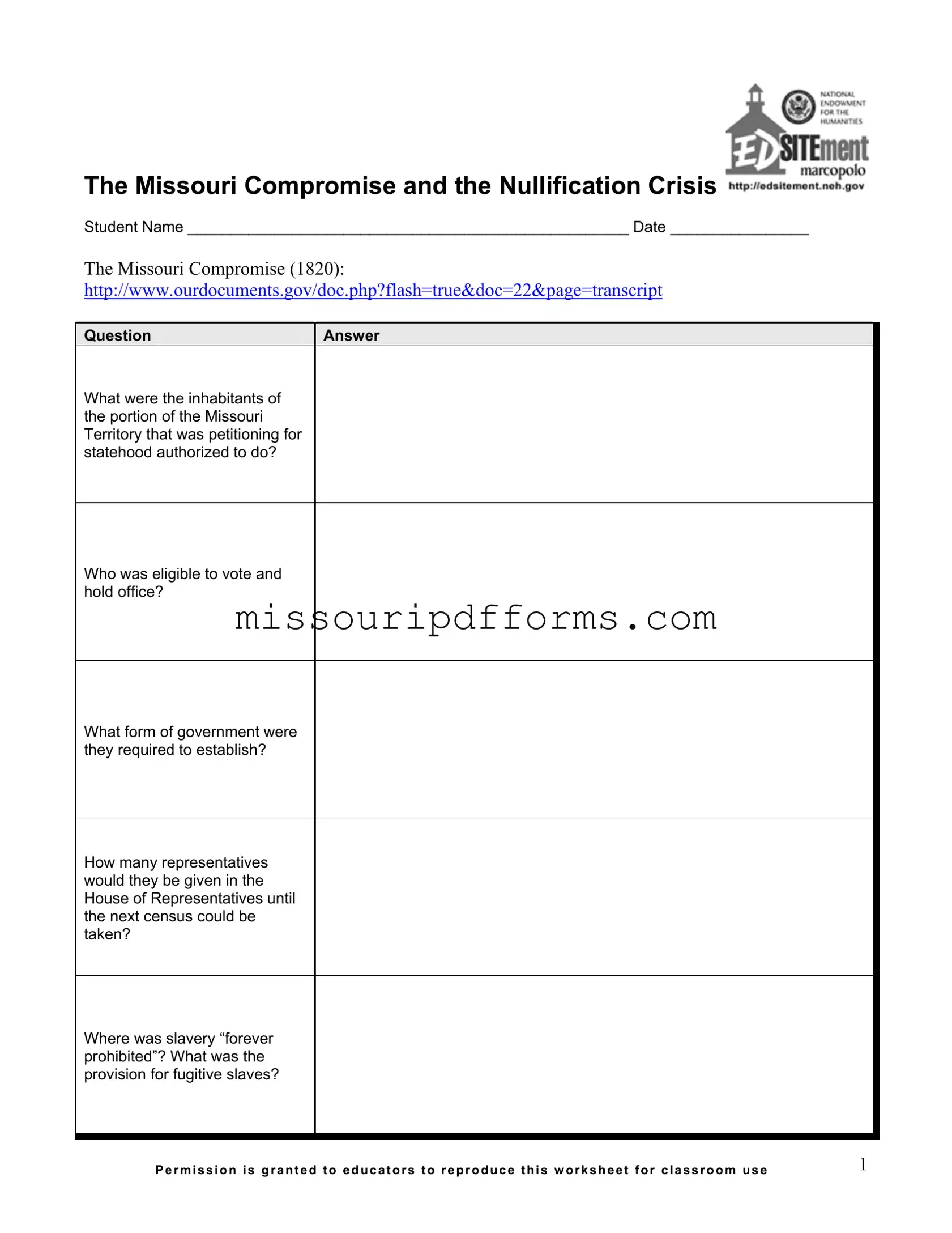 Free Missouri Compromise PDF Template