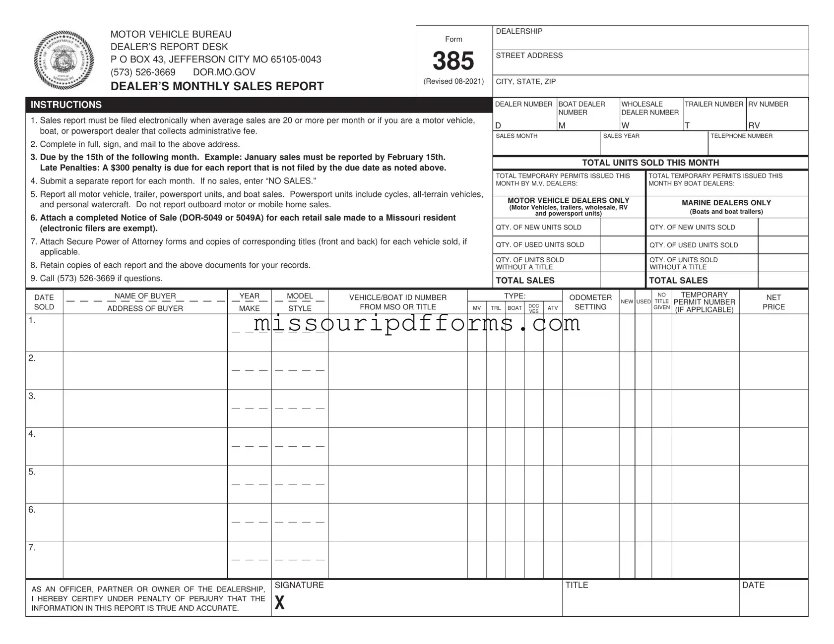 Free Missouri Dealer Monthly Sales Report PDF Template