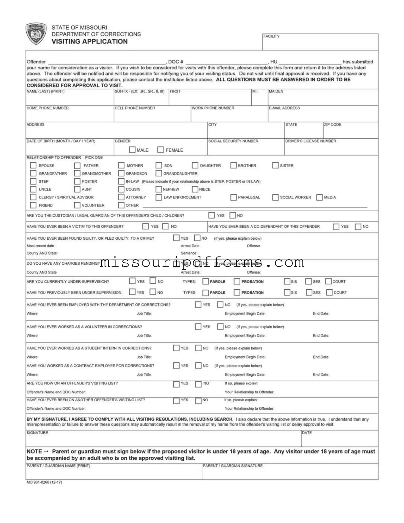 Free Missouri Dept Of Corrections PDF Template