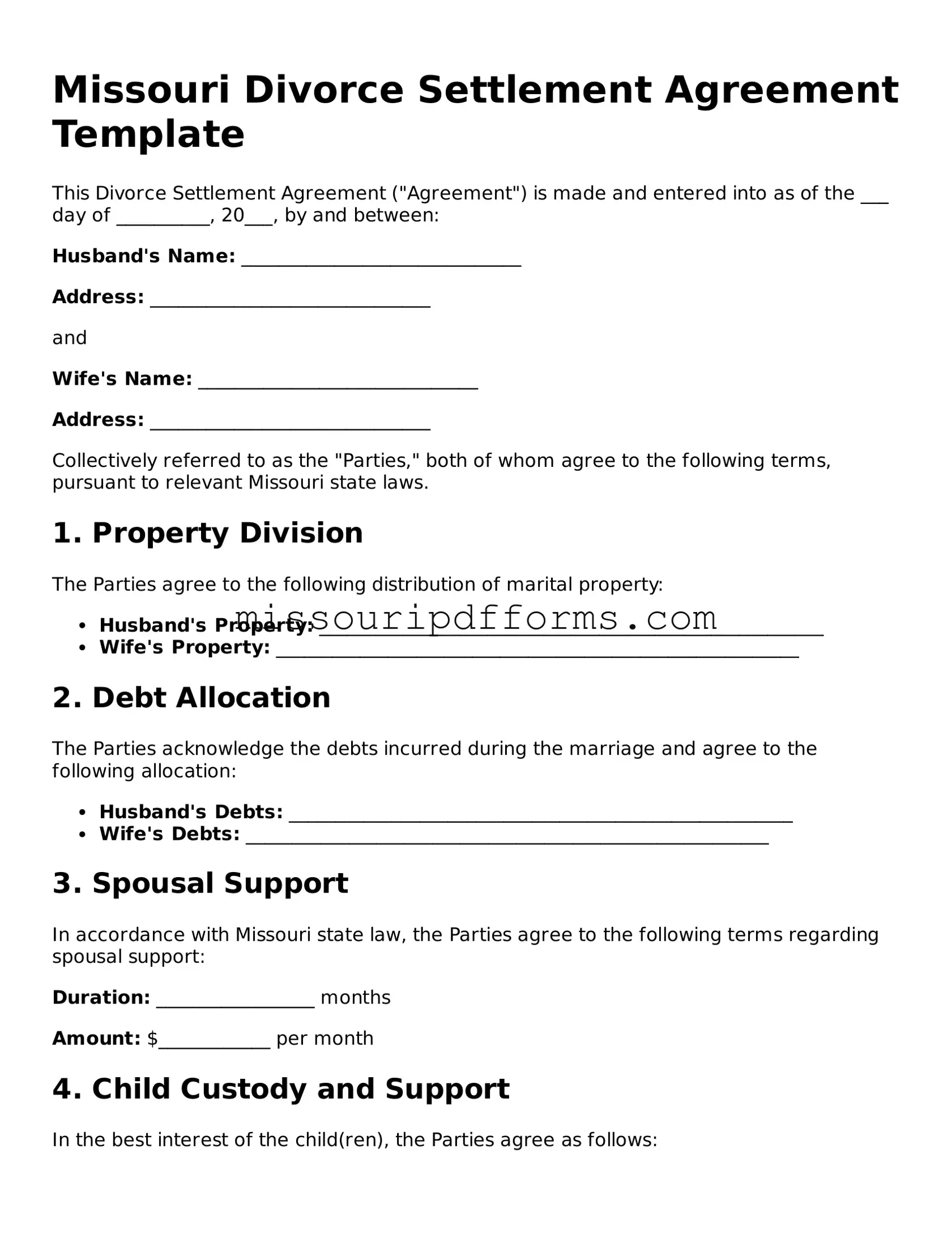 Valid Missouri Divorce Settlement Agreement Document