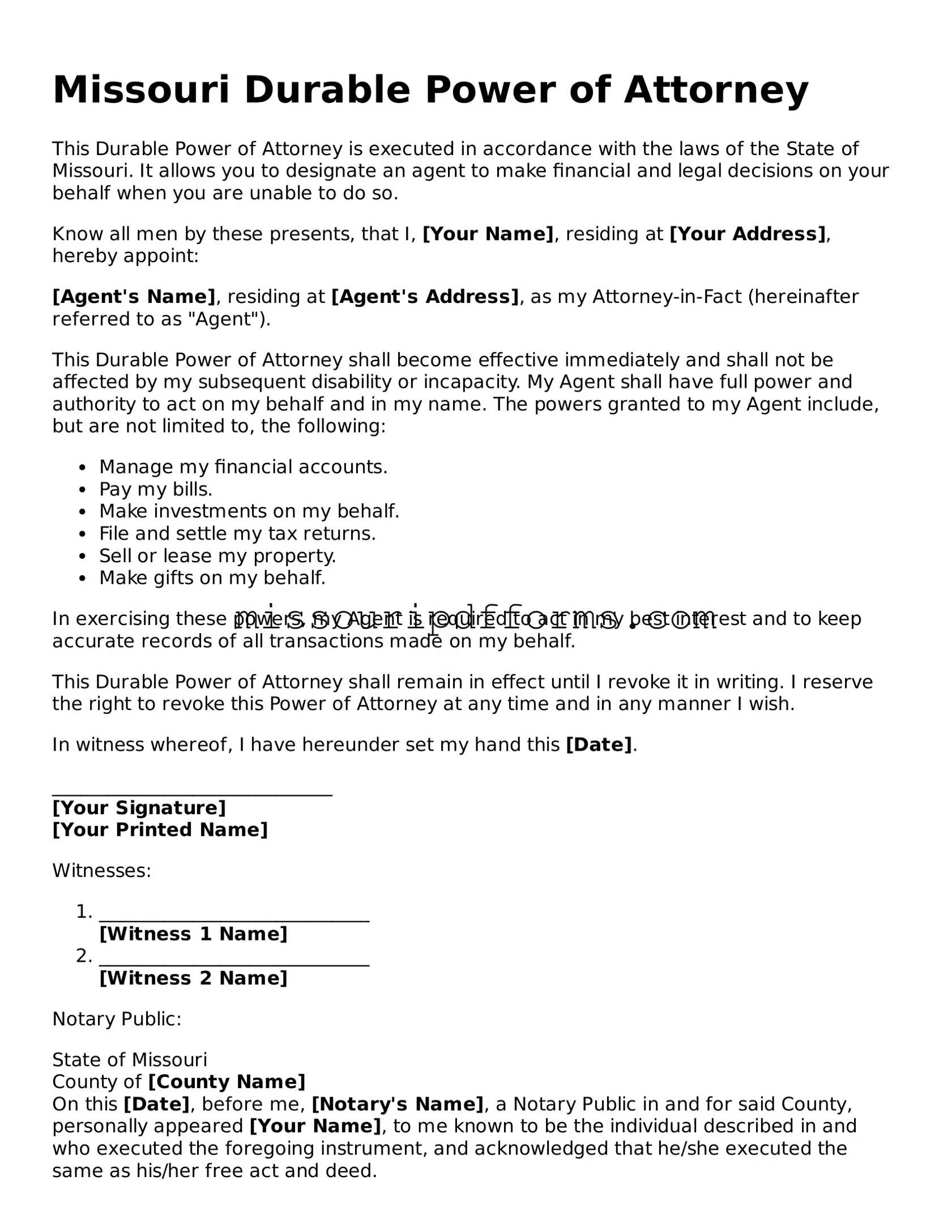 Valid Missouri Durable Power of Attorney Document