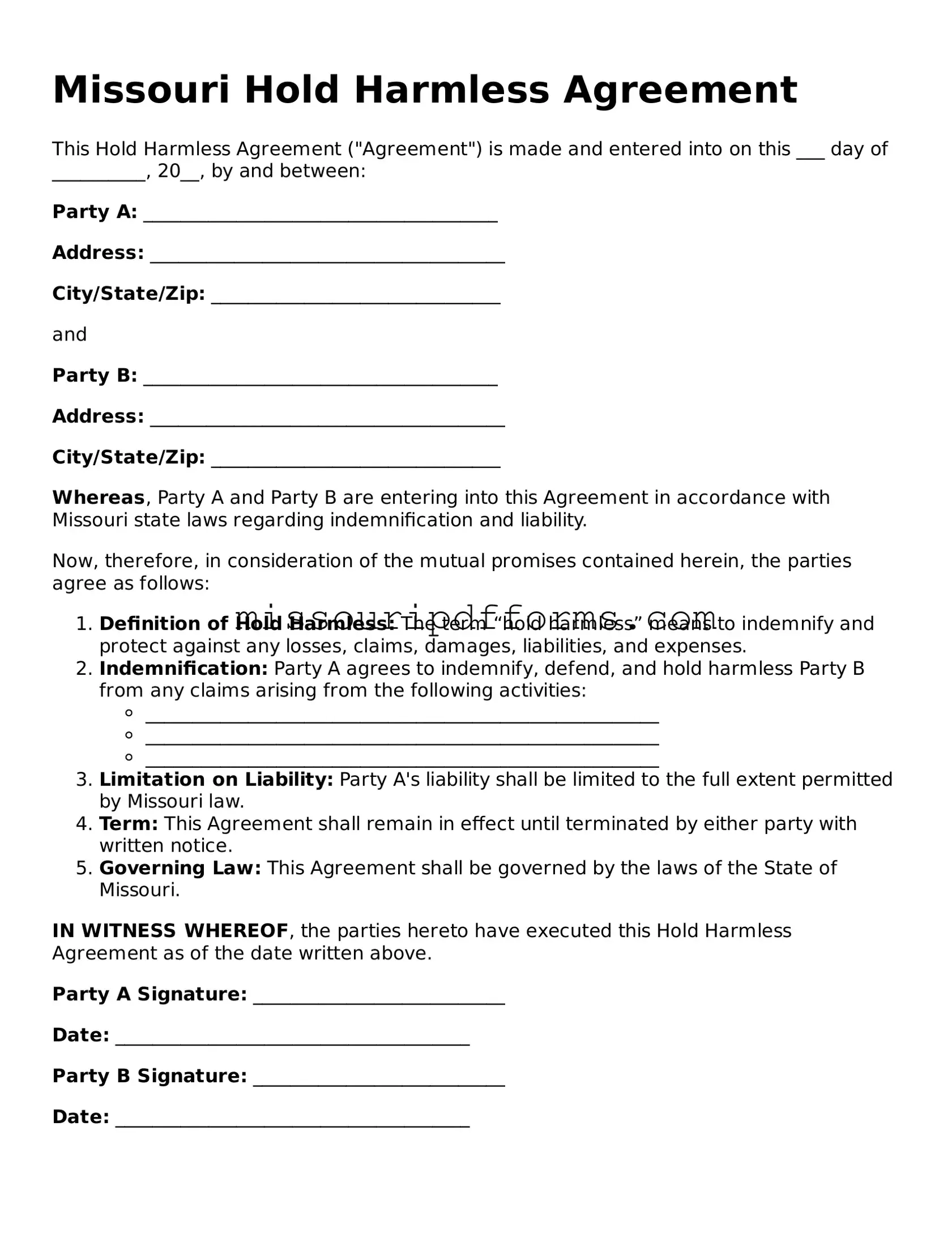Valid Missouri Hold Harmless Agreement Document