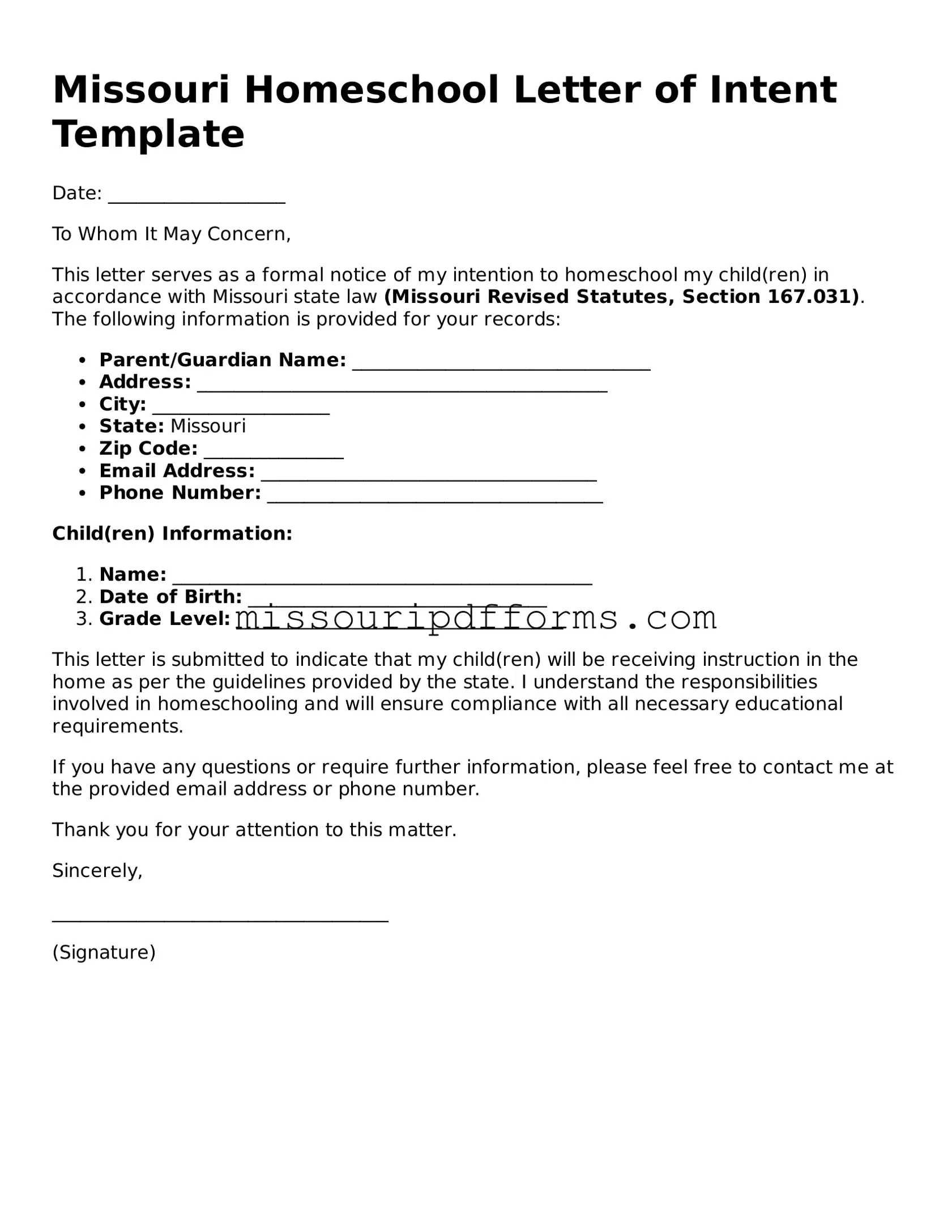 Valid Missouri Homeschool Letter of Intent Document