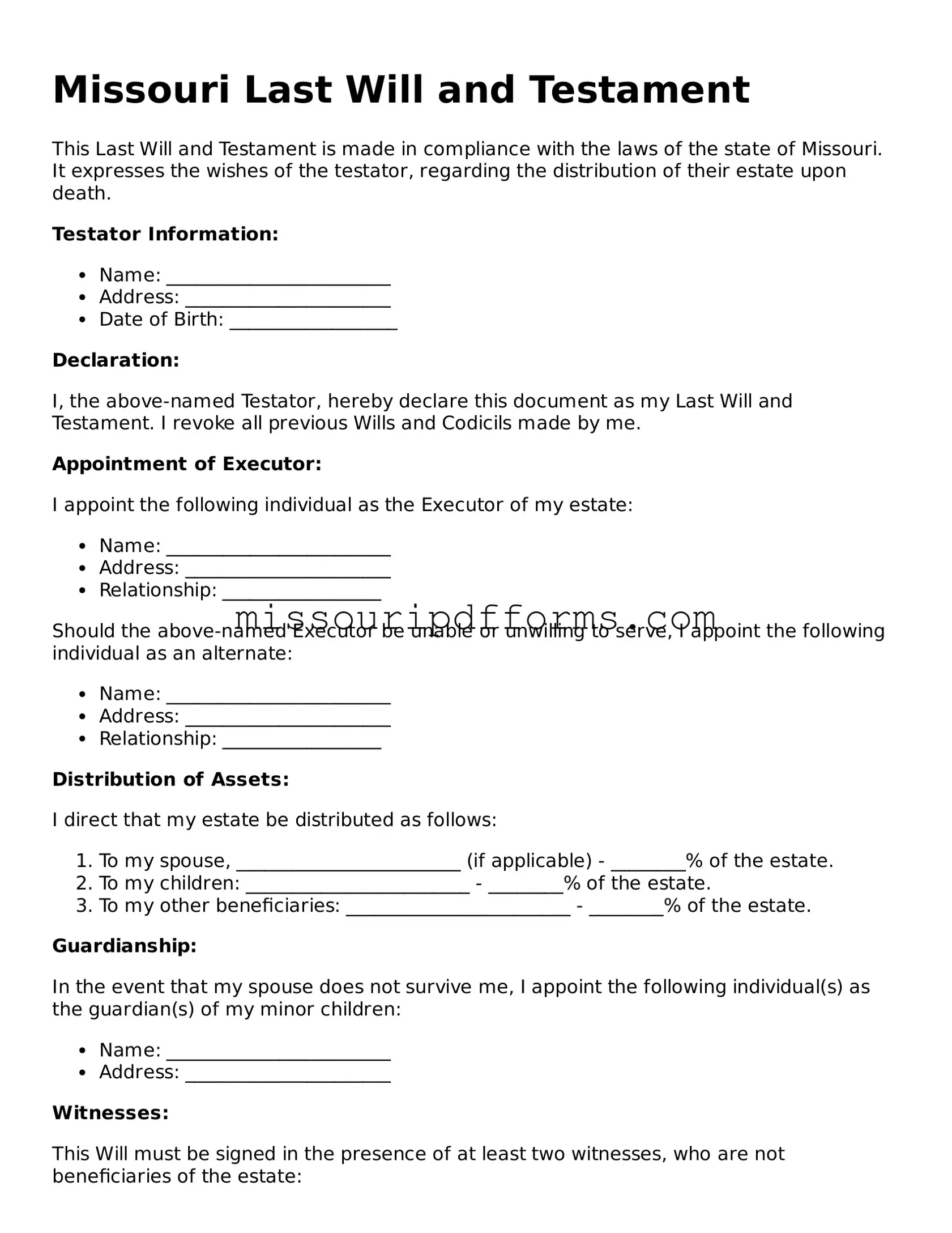 Valid Missouri Last Will and Testament Document