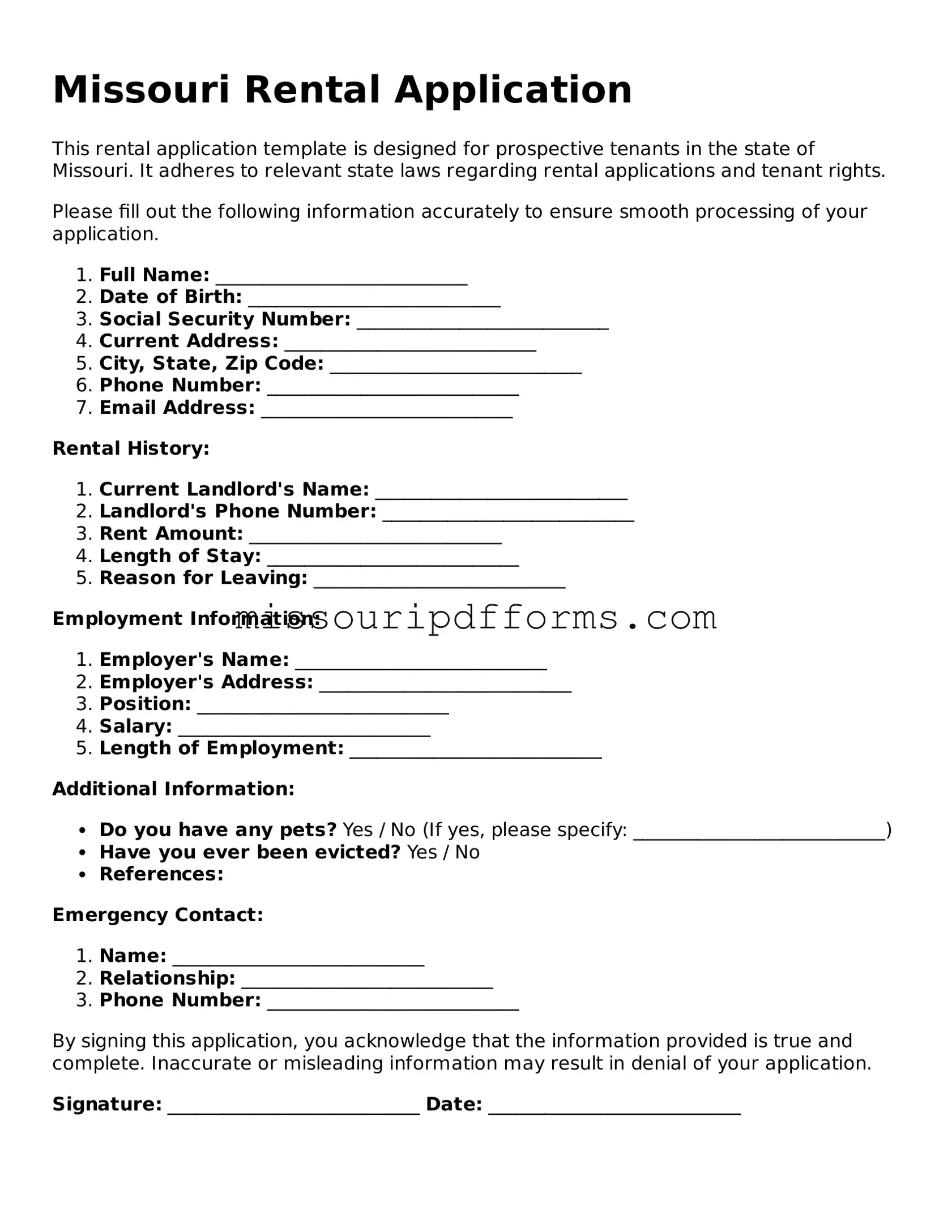 Valid Missouri Rental Application Document