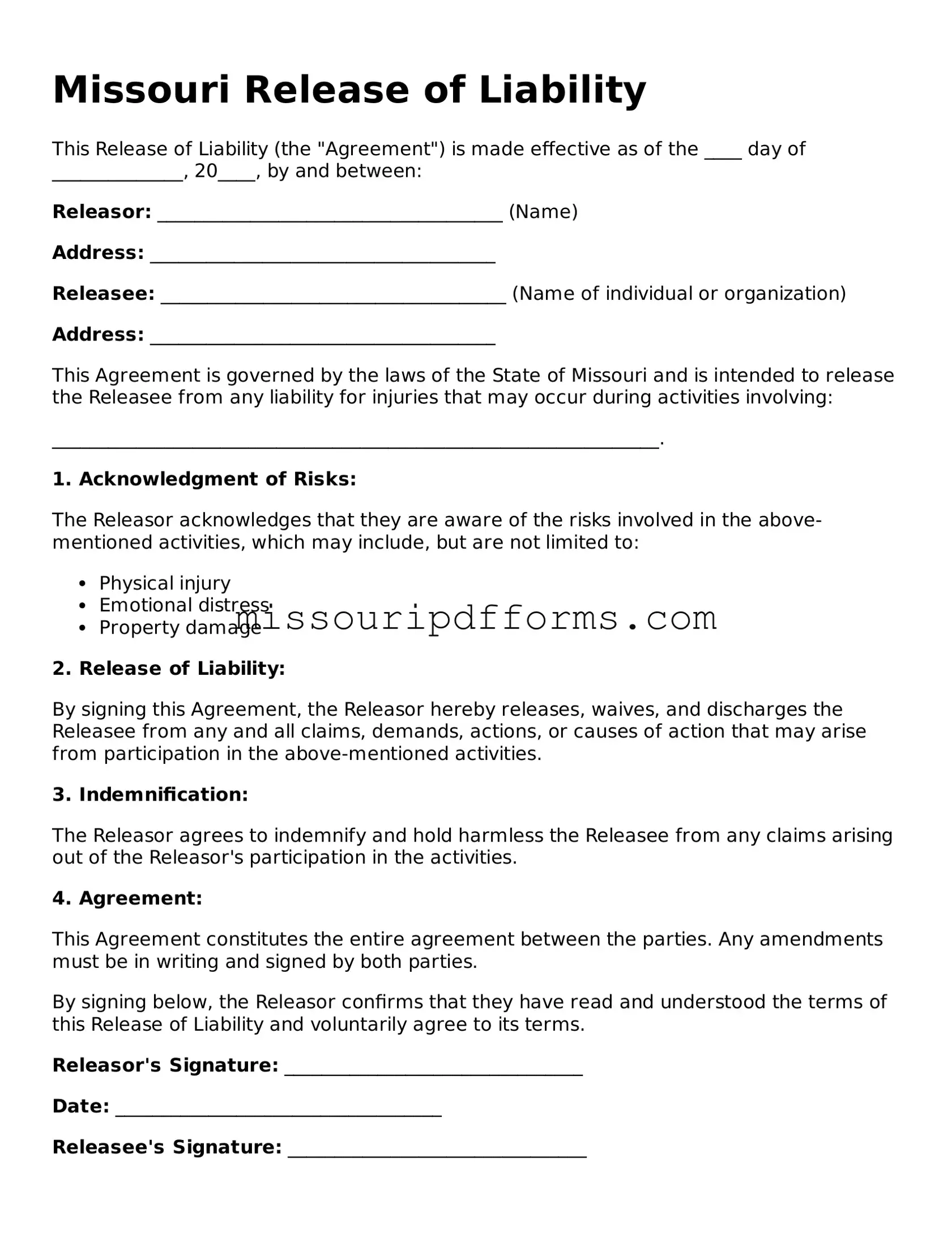 Valid Missouri Release of Liability Document