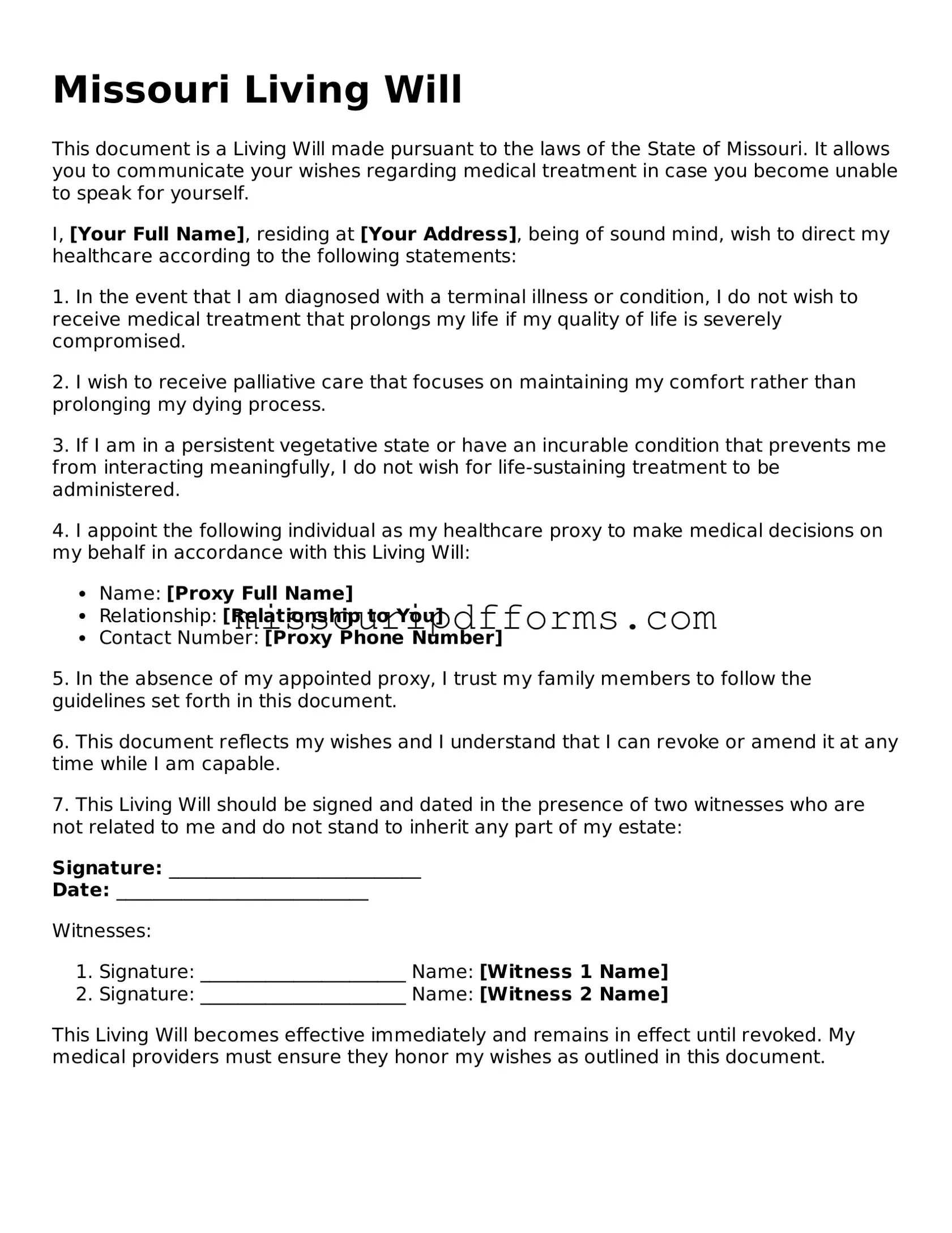 Valid Missouri Living Will Document