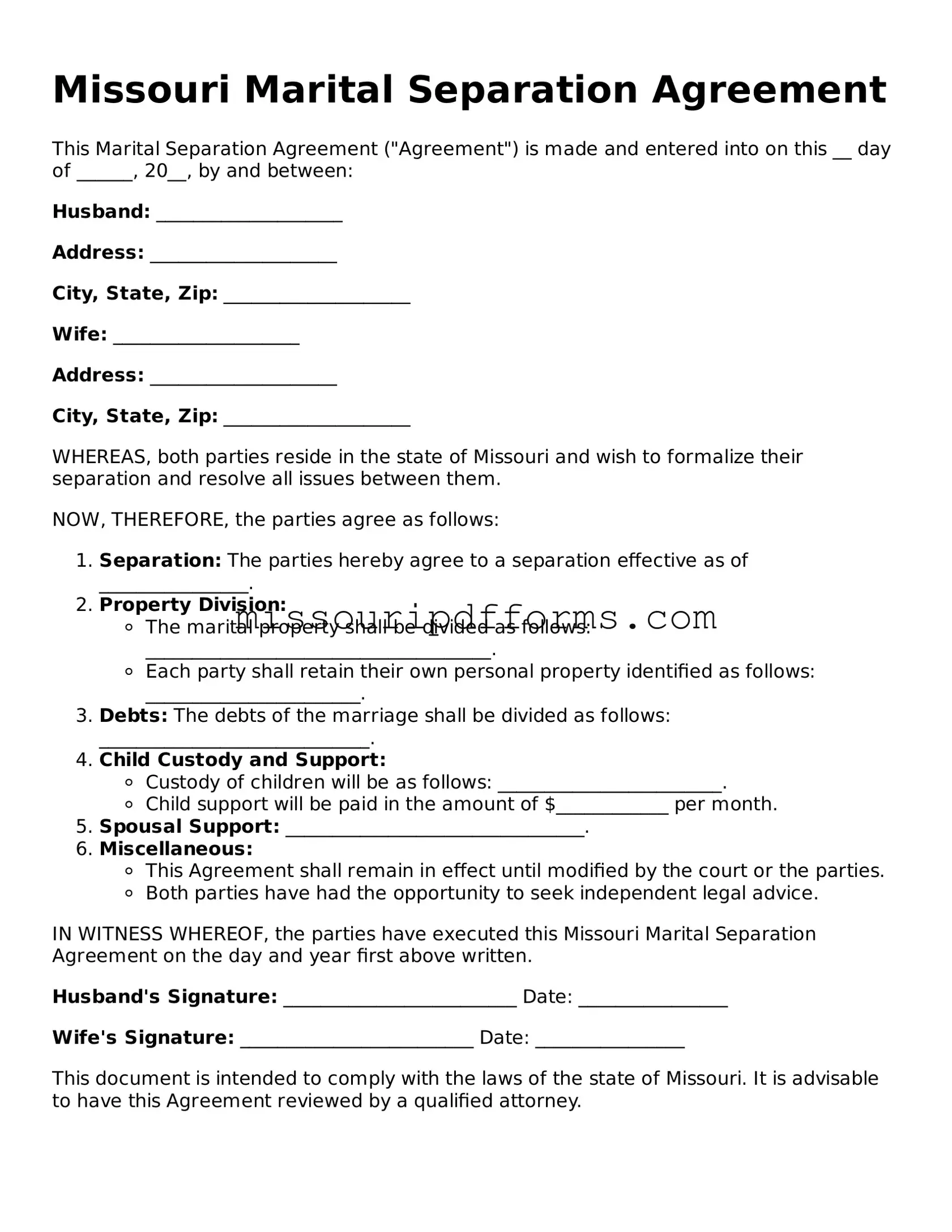 Valid Missouri Marital Separation Agreement Document
