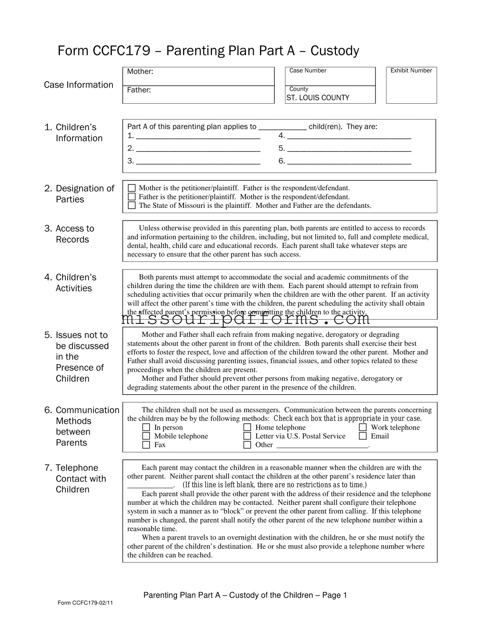 Free Missouri Parenting Plan PDF Template