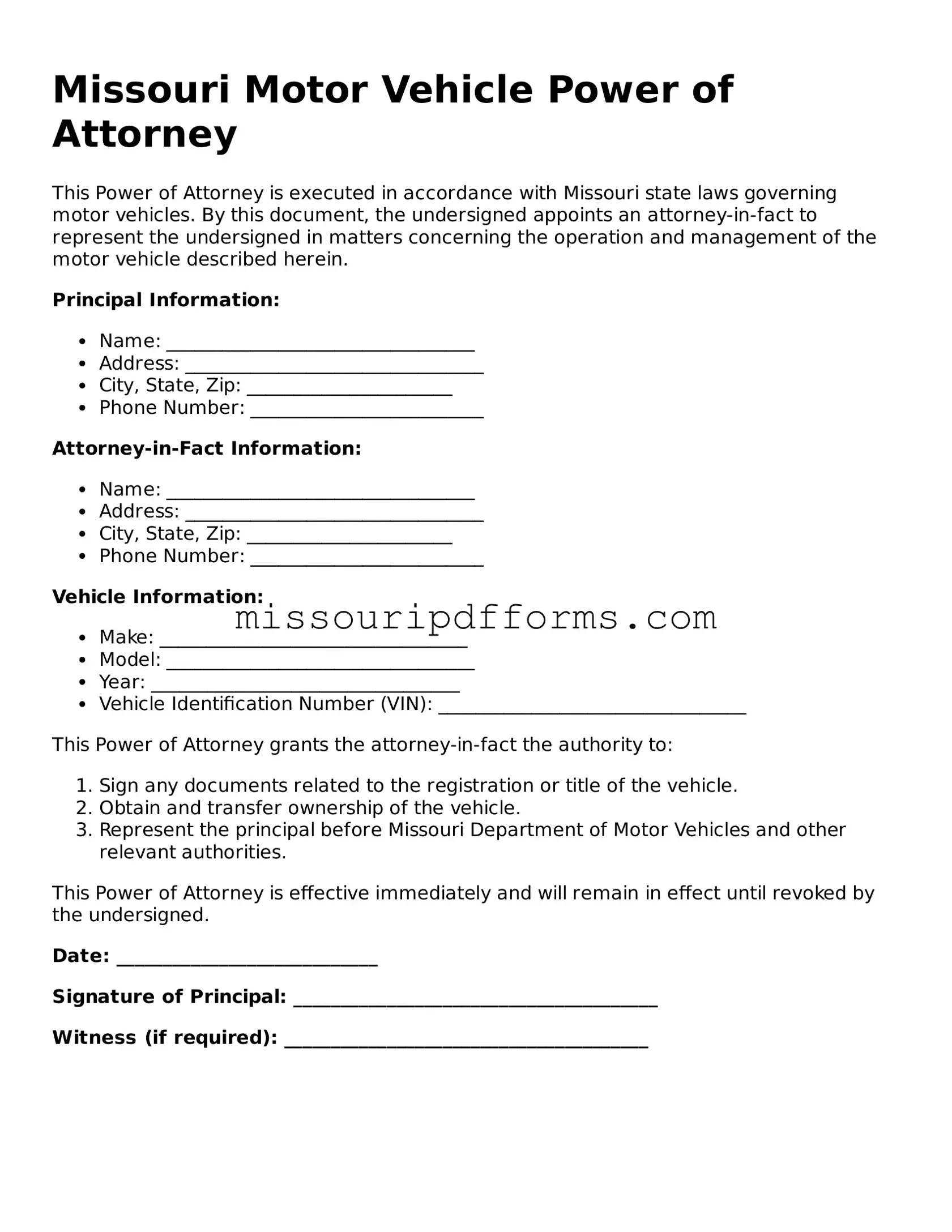 Valid Missouri Motor Vehicle Power of Attorney Document