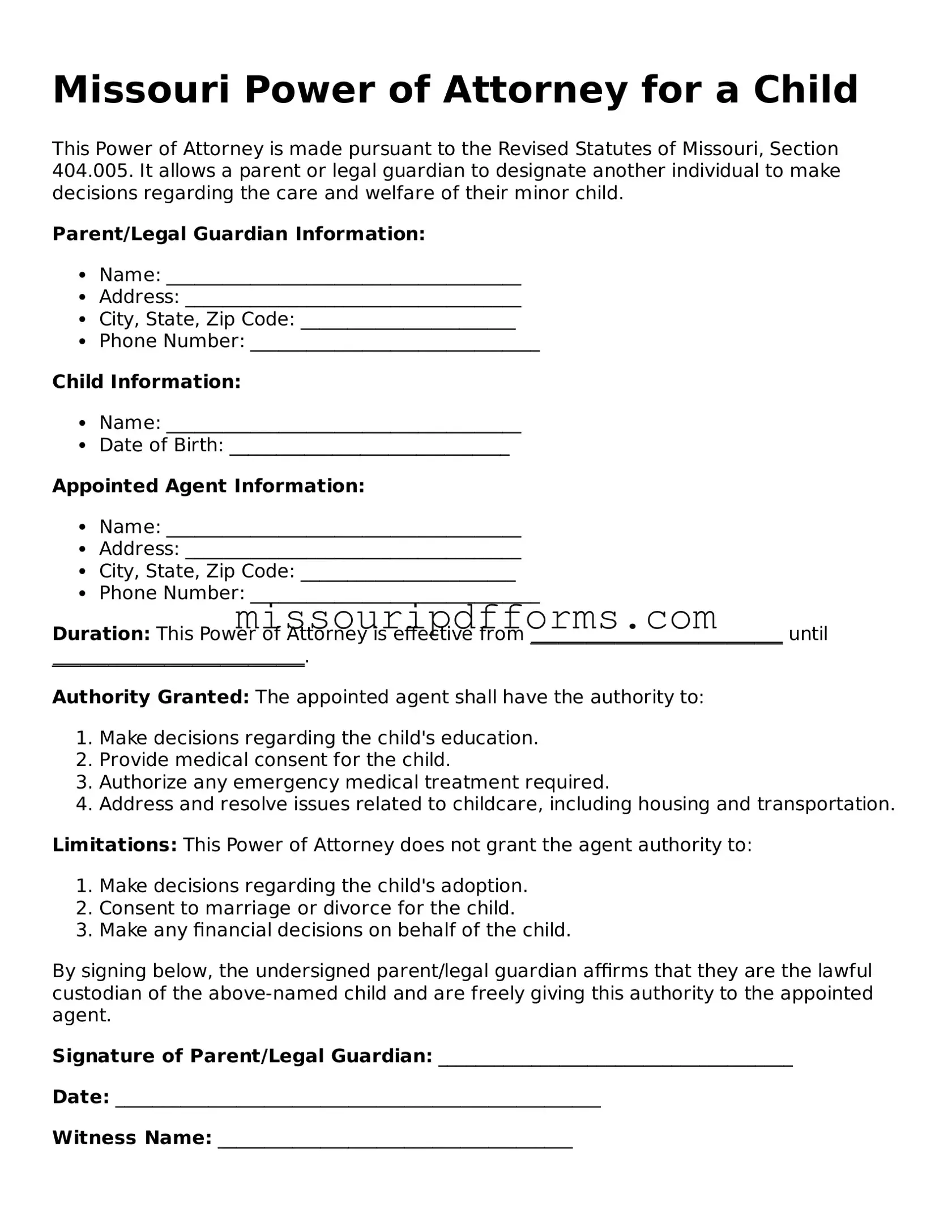 Valid Missouri Power of Attorney for a Child Document