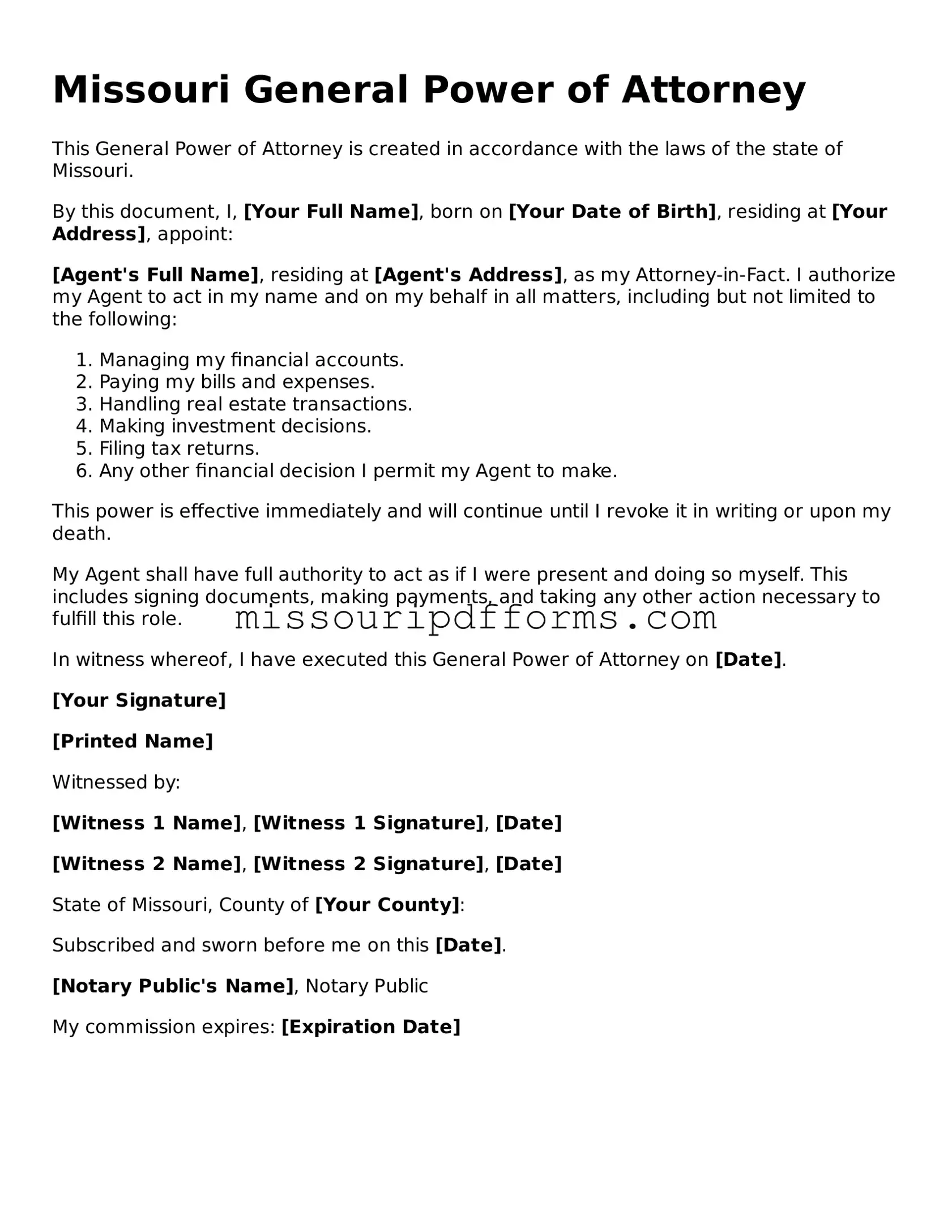 Valid Missouri General Power of Attorney Document