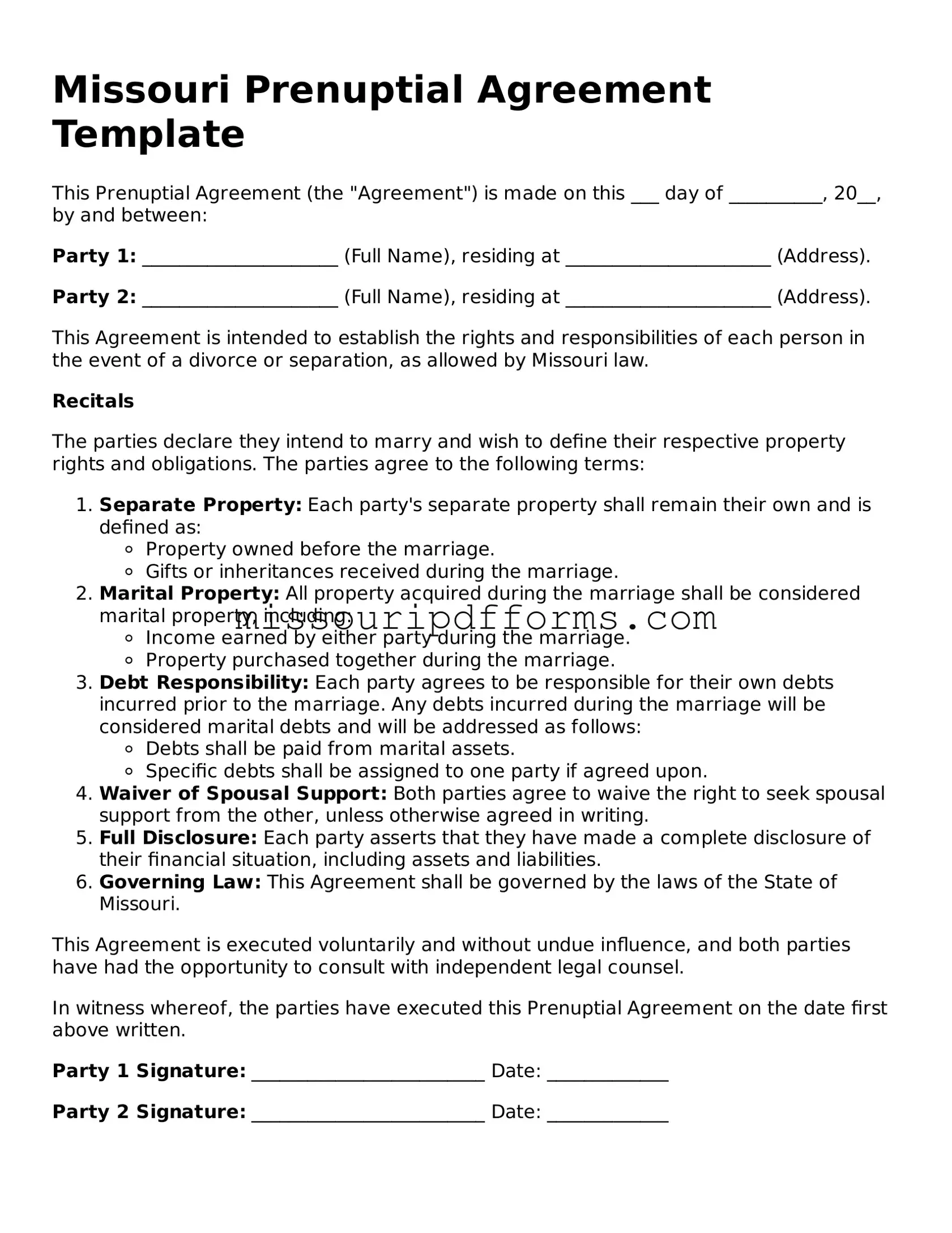 Valid Missouri Prenuptial Agreement Document