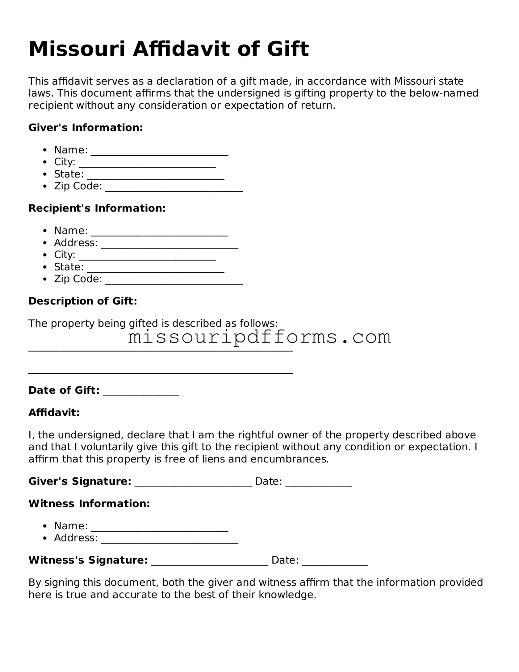 Valid Missouri Affidavit of Gift Document