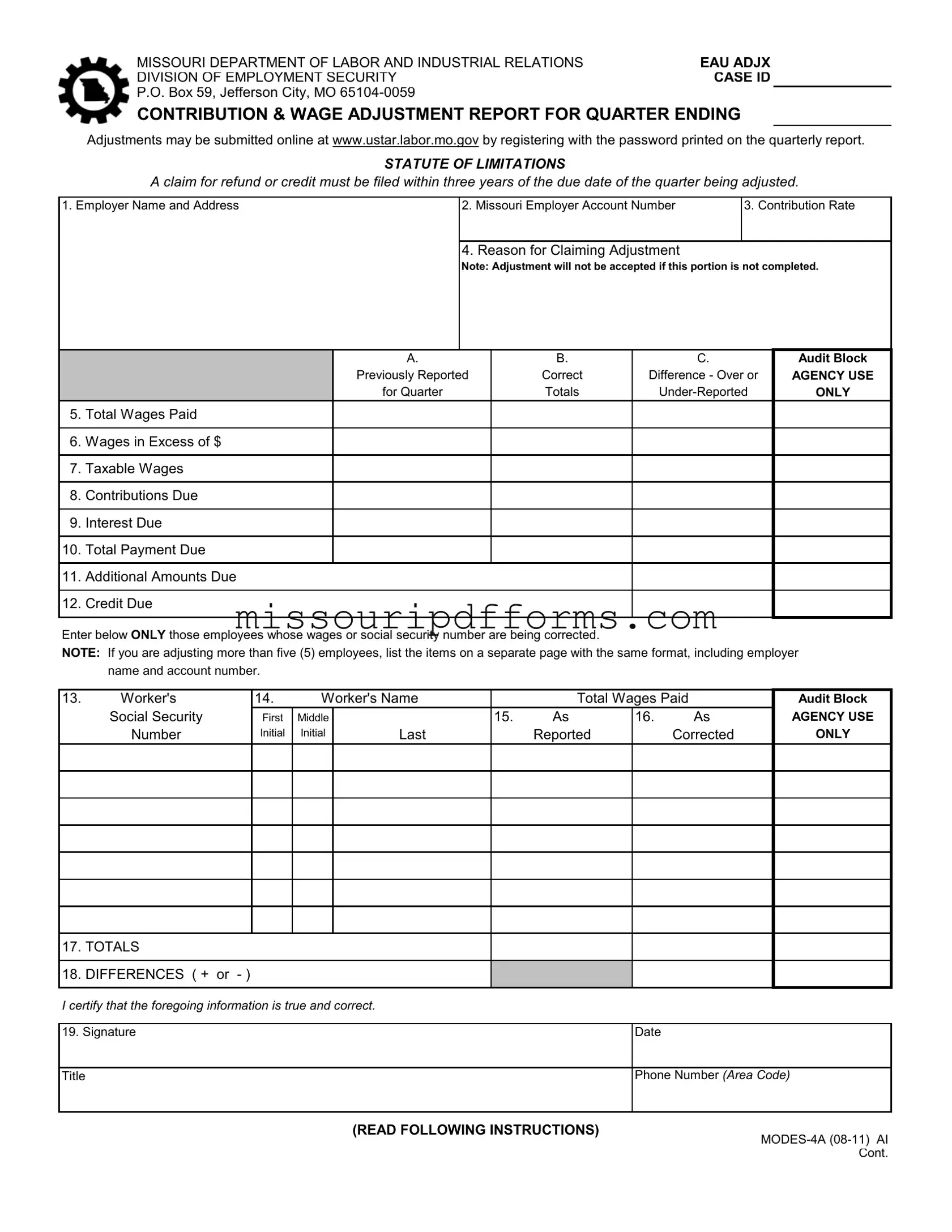 Free Missouri Quarterly Contribution PDF Template