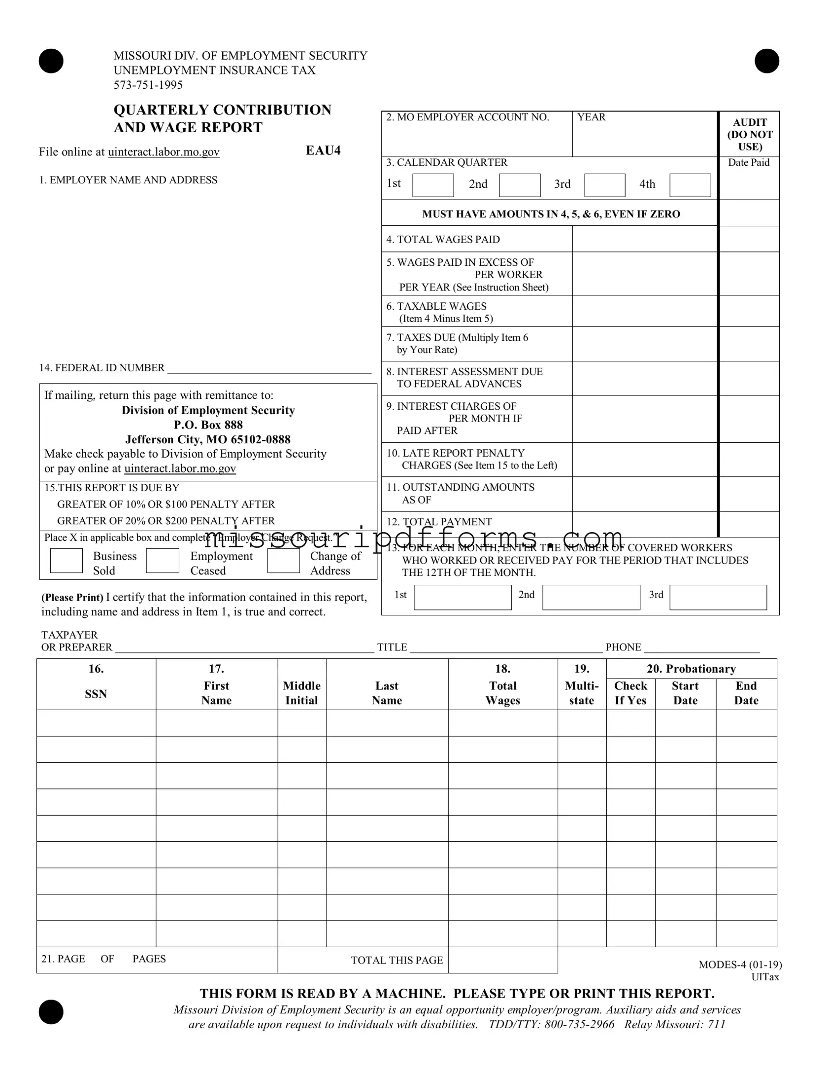Free Missouri Quarterly Wage Report PDF Template