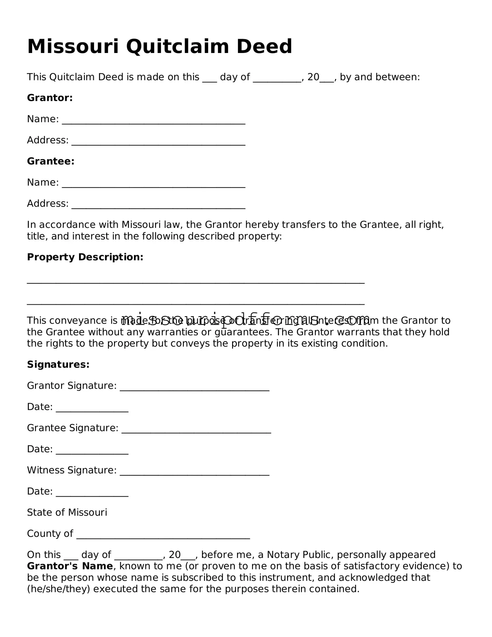 Valid Missouri Quitclaim Deed Document