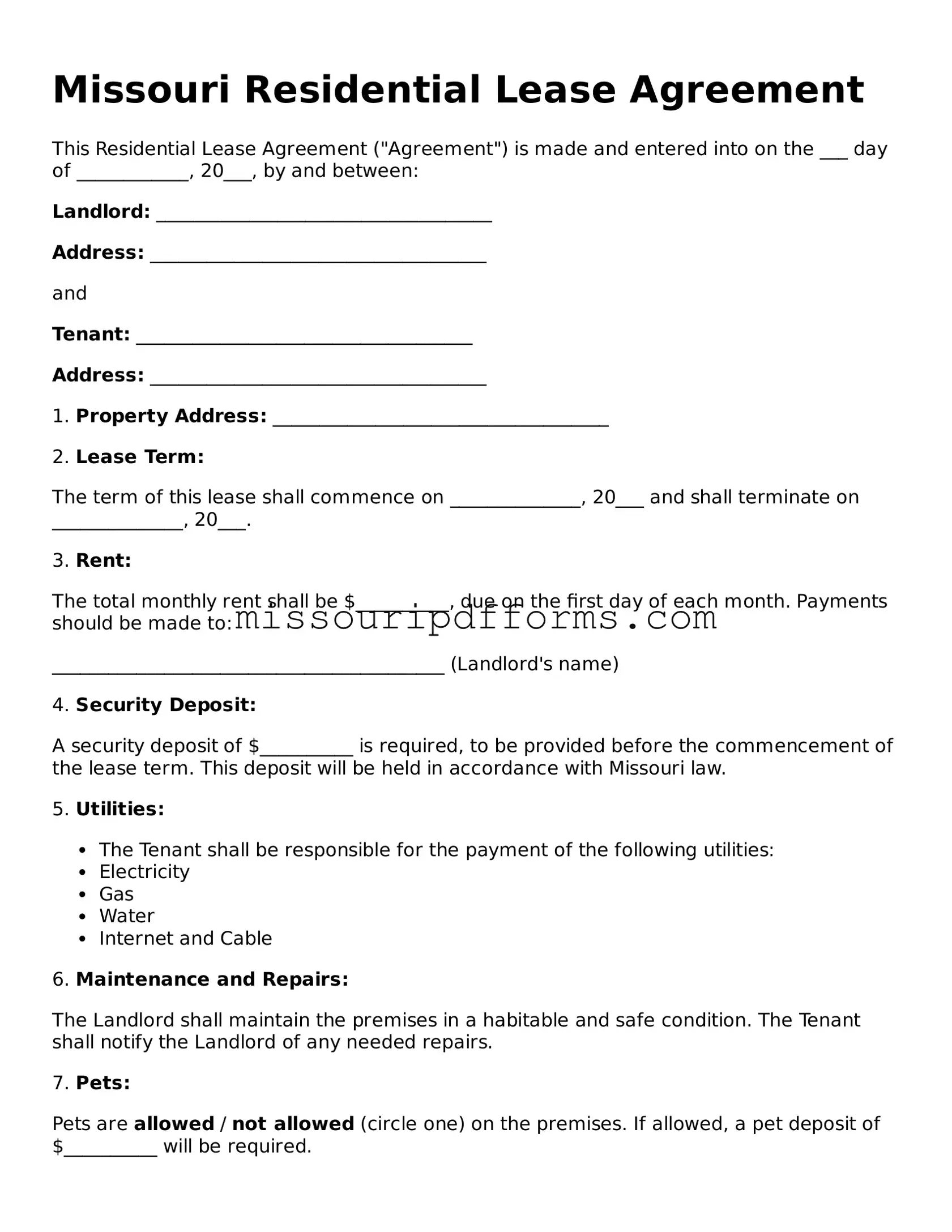 Valid Missouri Residential Lease Agreement Document