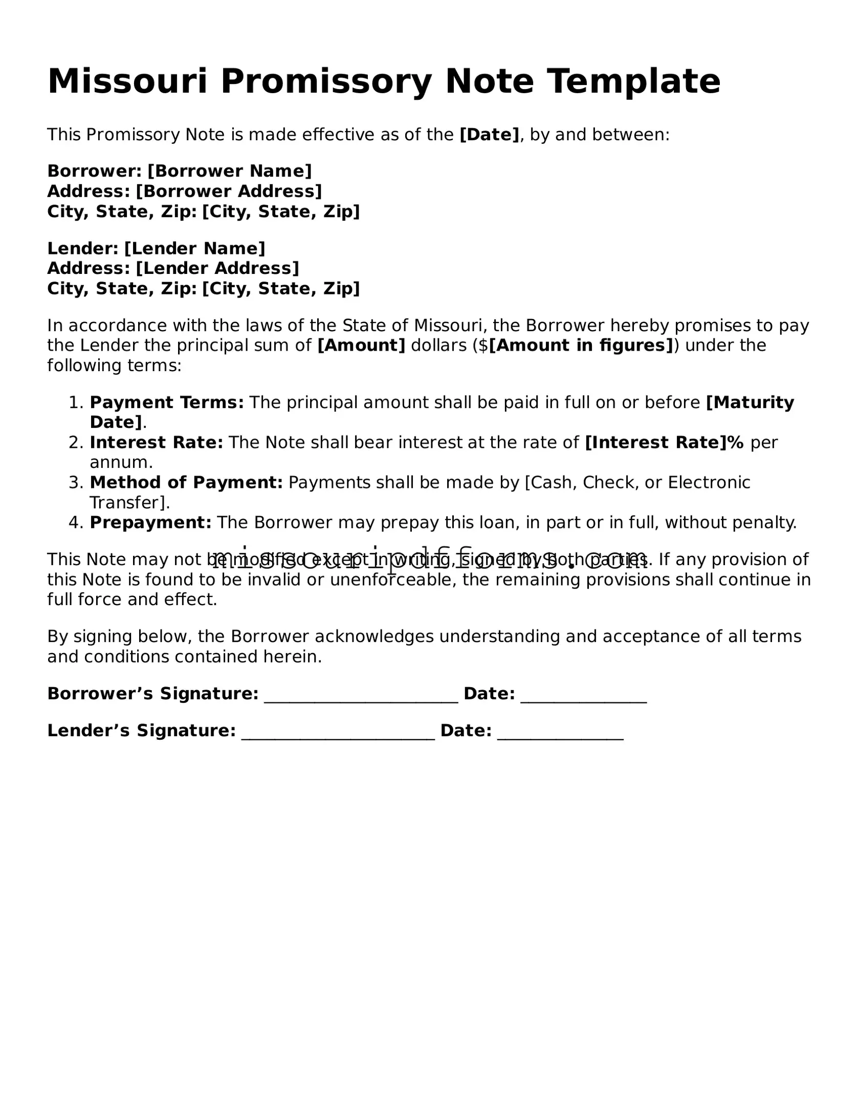 Valid Missouri Promissory Note Document