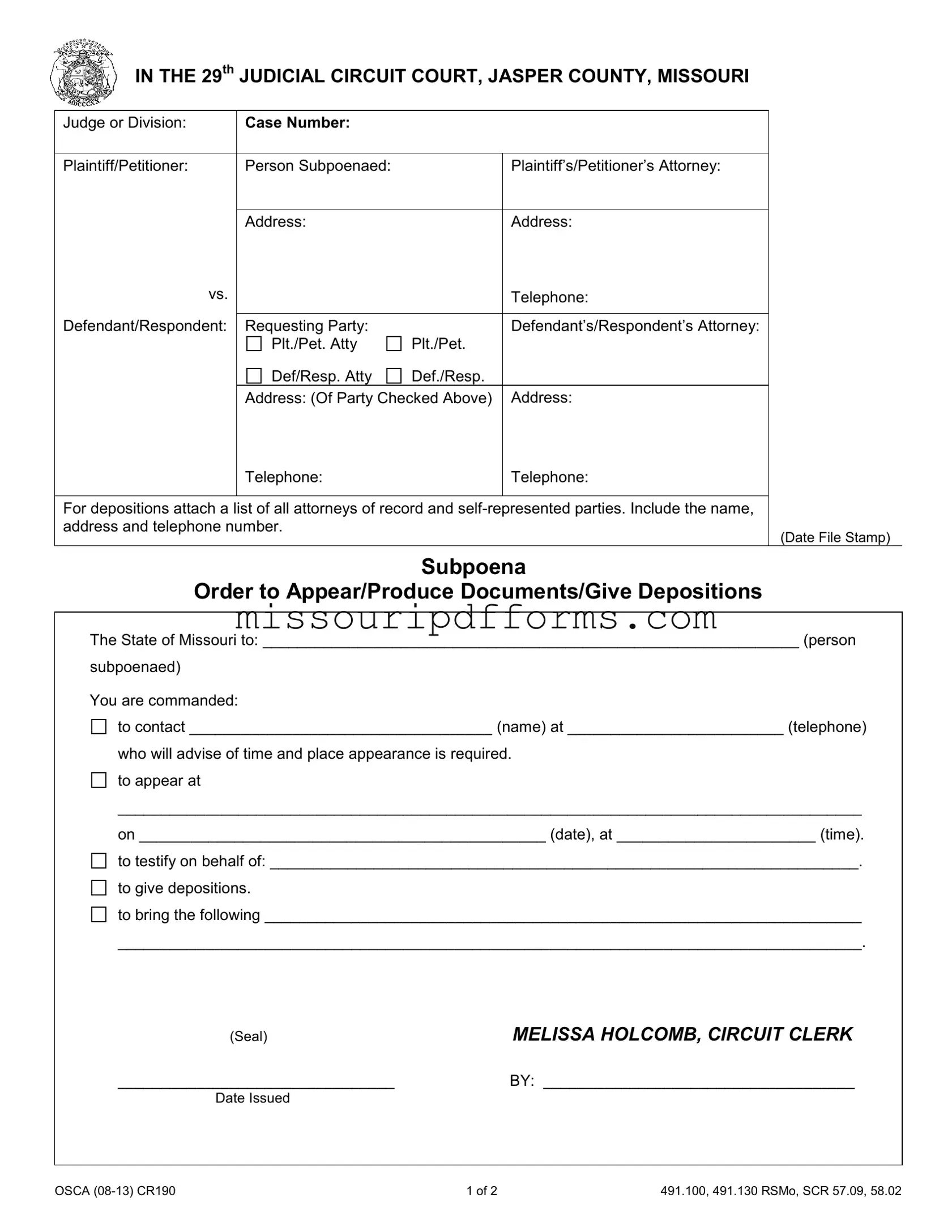 Free Missouri Subpoena PDF Template