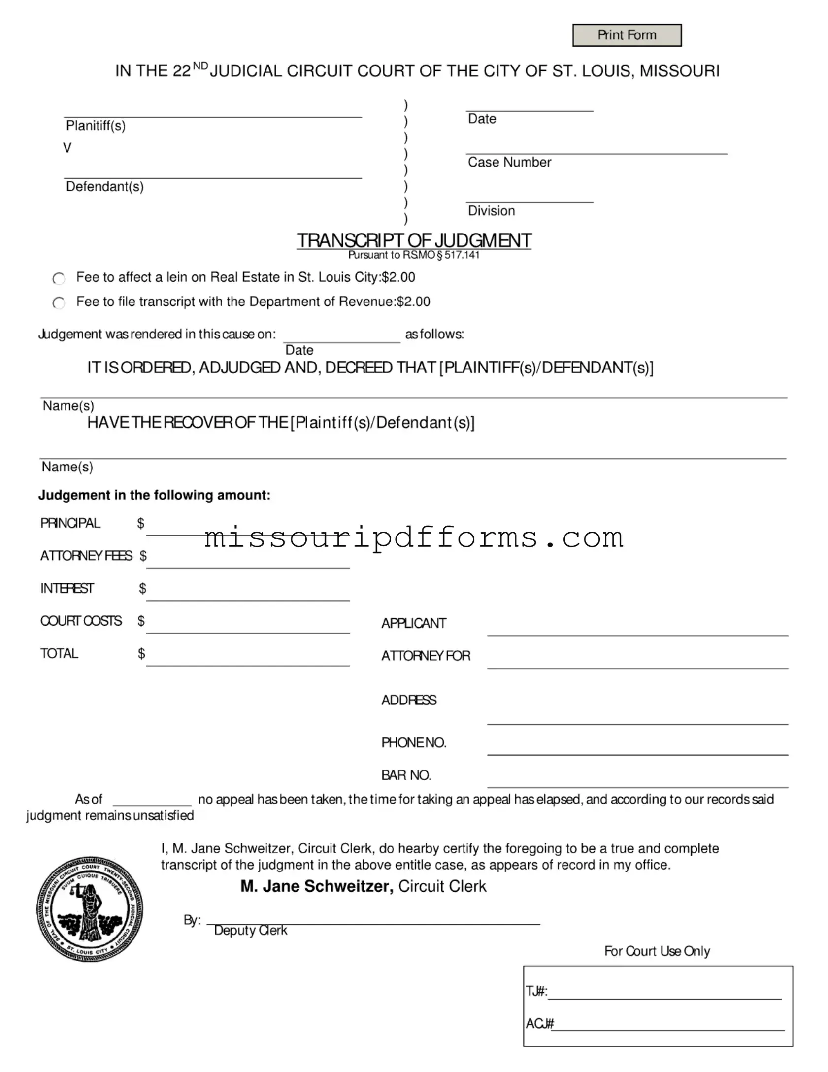 Free Missouri Transcript Of Judgment PDF Template