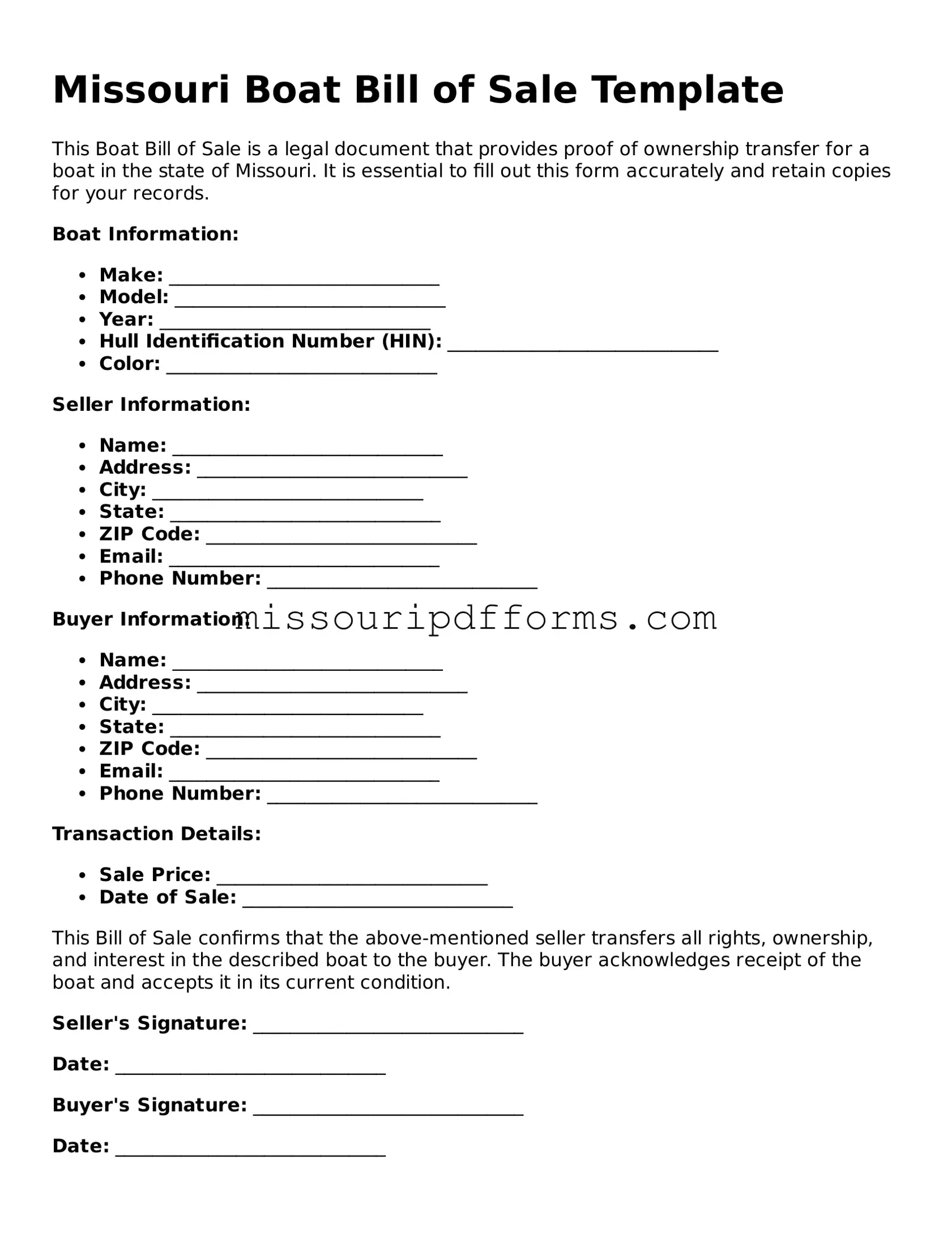 Valid Missouri Boat Bill of Sale Document