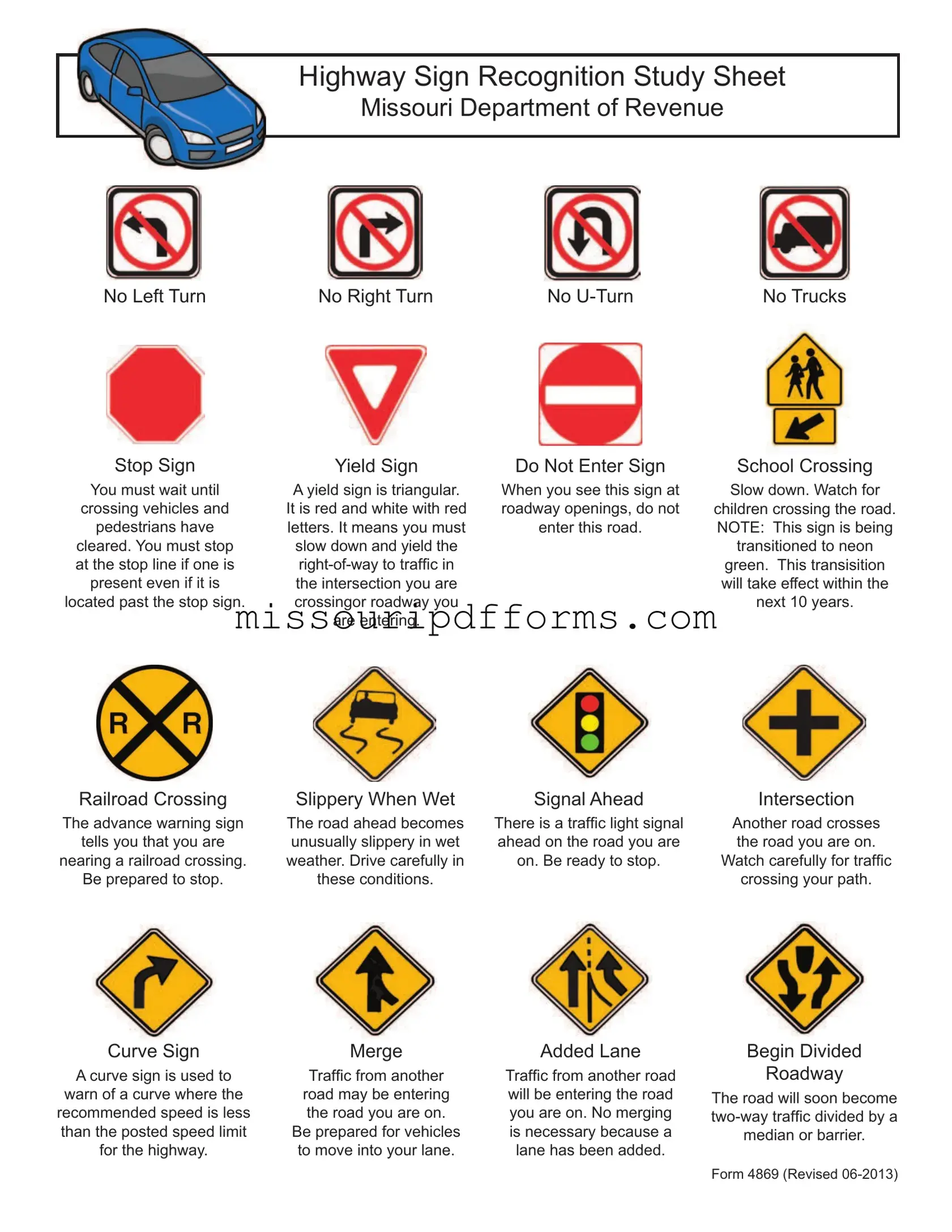 Free Road Sign Test Missouri PDF Template