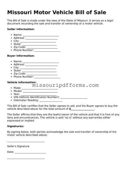Valid Missouri Motor Vehicle Bill of Sale Document