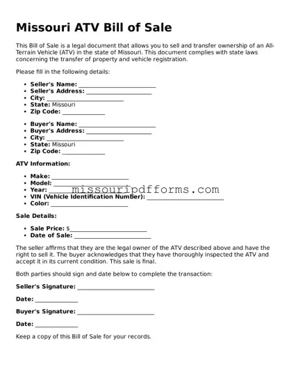 Valid Missouri ATV Bill of Sale Document