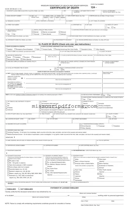 Free Missouri Certificate Of Death PDF Template