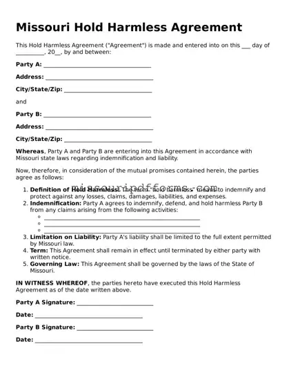 Valid Missouri Hold Harmless Agreement Document