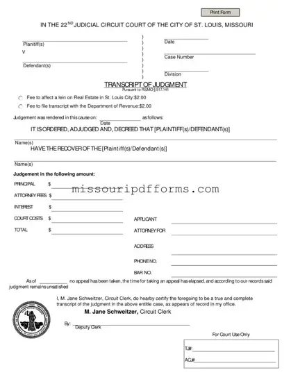 Free Missouri Transcript Of Judgment PDF Template